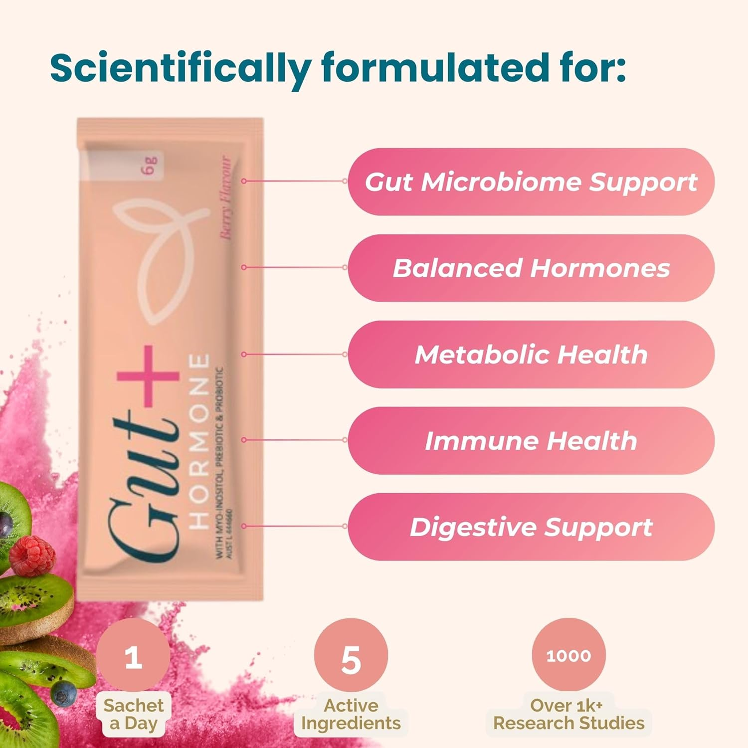 Gut + Hormone: Myoinositol + Methylated Folate + Vit D3 + Preboitic + Probiotic Metabolic & Digestive Health-Reproductive Hormone Support-Immune & Microbiome 30 X 6G Berry Flavoured Sachets image number 4