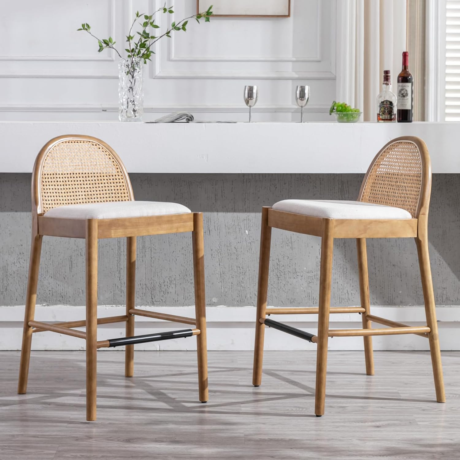 Ya-Home Mid-Century Bar Stools Set of 2, 30 Inch Counter Height Rattan Back Linen Barstools Comfy Upholstered Bar Chairs with Wooden Legs for Kitchen Dining Room, Beige image number 3