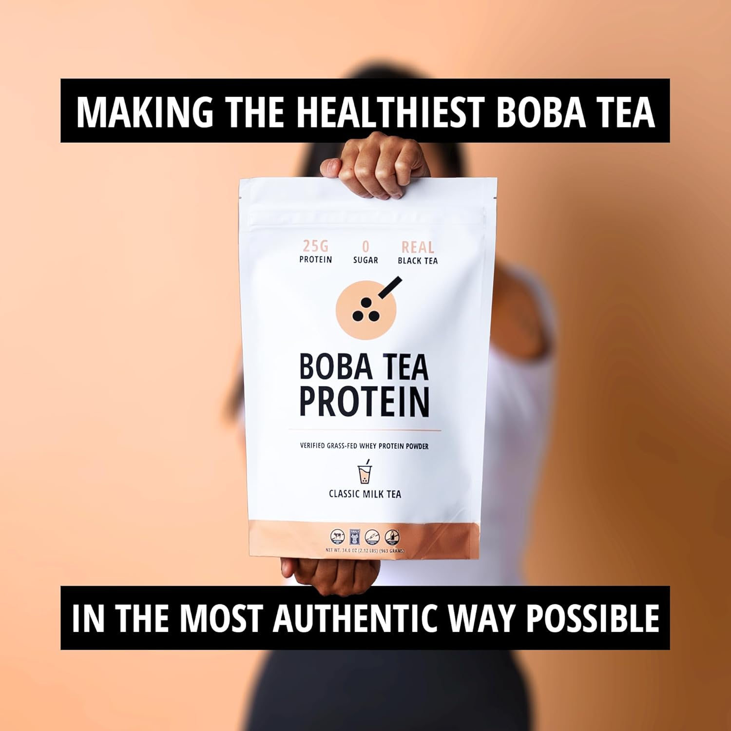 Boba Tea Protein Classic Milk Tea | 25G Grass-Fed Whey Protein Isolate Powder | Gluten-Free & Soy-Free Bubble Tea Protein Drink | Real Ingredients & Lactose-Free Protein Drink | 25 Servings