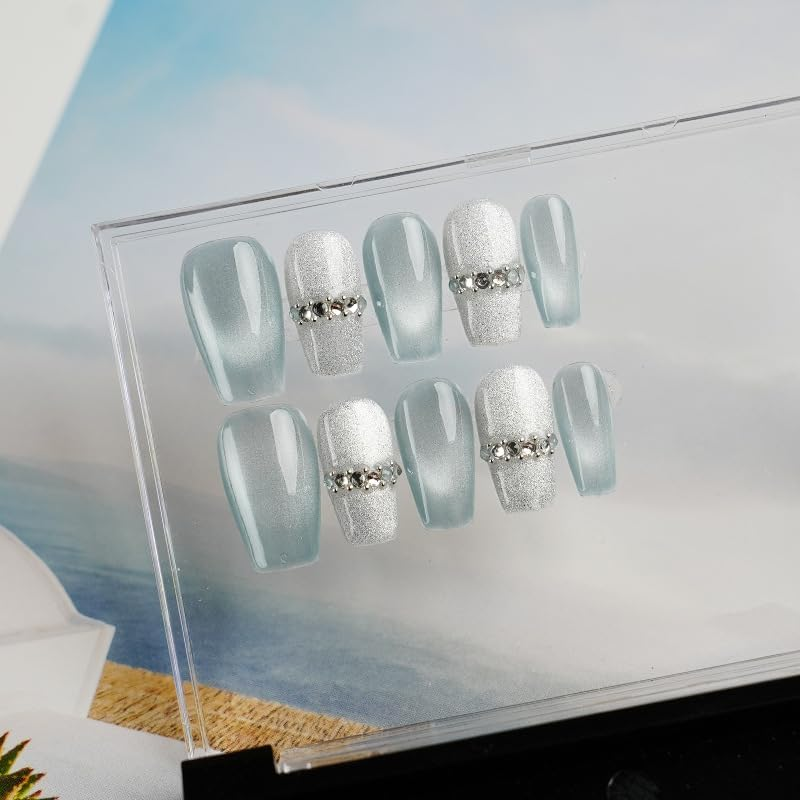 [GLORS] Purly Handmade Medium Ballerina Press on Nails | Blue False Nails with Rhinestones, 10 Pieces (XS, MB) image number 1