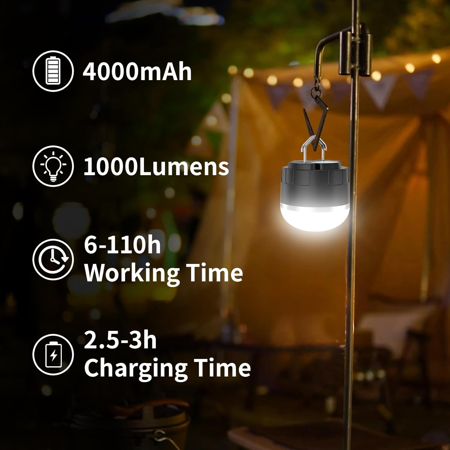 Phylosal LED Camping Lantern Rechargeable, 1000LM Portable Tent Light with 12 RGB Lighting Modes, Power Bank, Waterproof, Mini Flashlight with Magnetic Base for Emergency, Power Outages, Hiking, Home image number 3