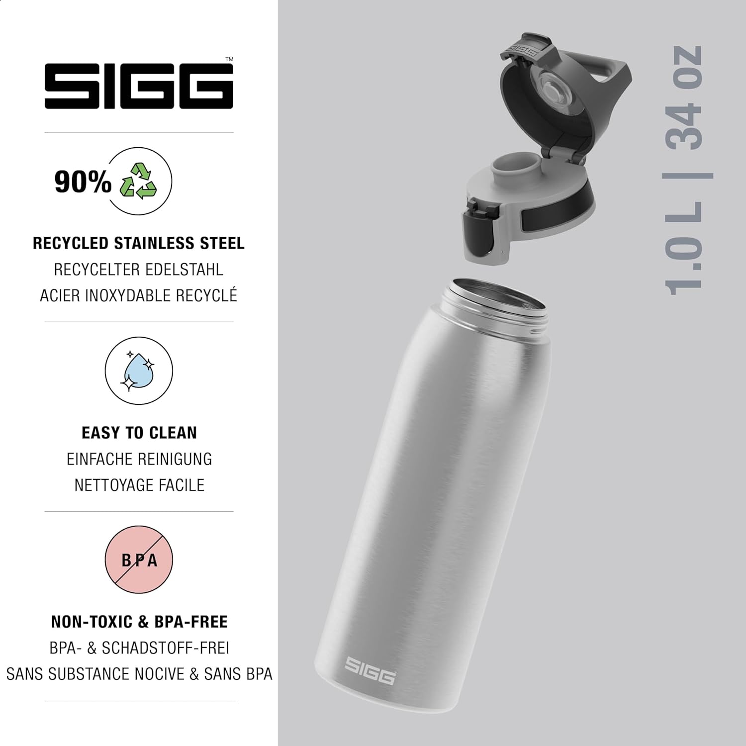 SIGG - Stainless Steel Water Bottle - Shield ONE Brushed - Suitable for Carbonated Beverages - Leakproof - Lightweight - BPA Free - Brushed - 1 L image number 5