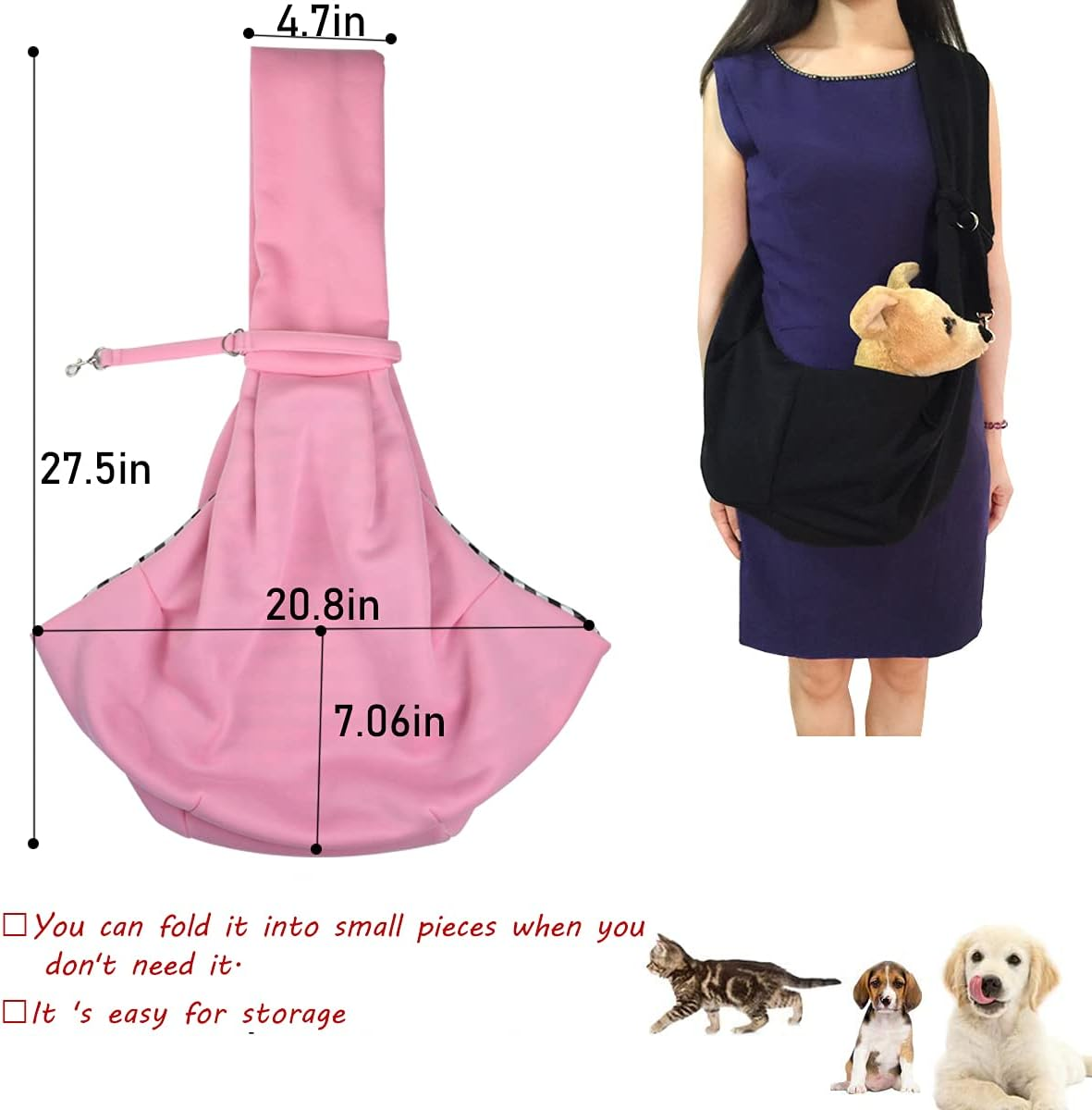 Dog and Cat Sling Carrier Little Pet Carrier Shoulder Crossbody Pet Slings for Outdoor Traveling Subway (Pink)