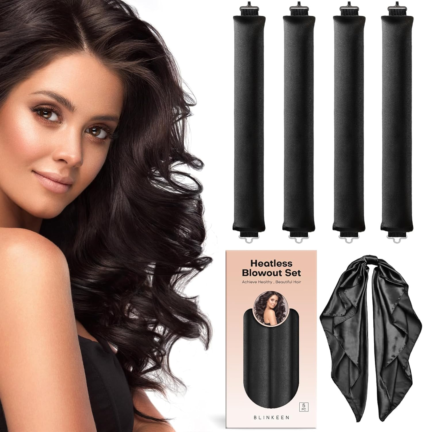 BLINKEEN Heatless Overnight Hair Curling Set with Scarf, Velvet Rods with Hook, No Heat Curlers All Hair Types, Jumbo Hair Rollers for Blowout Hair