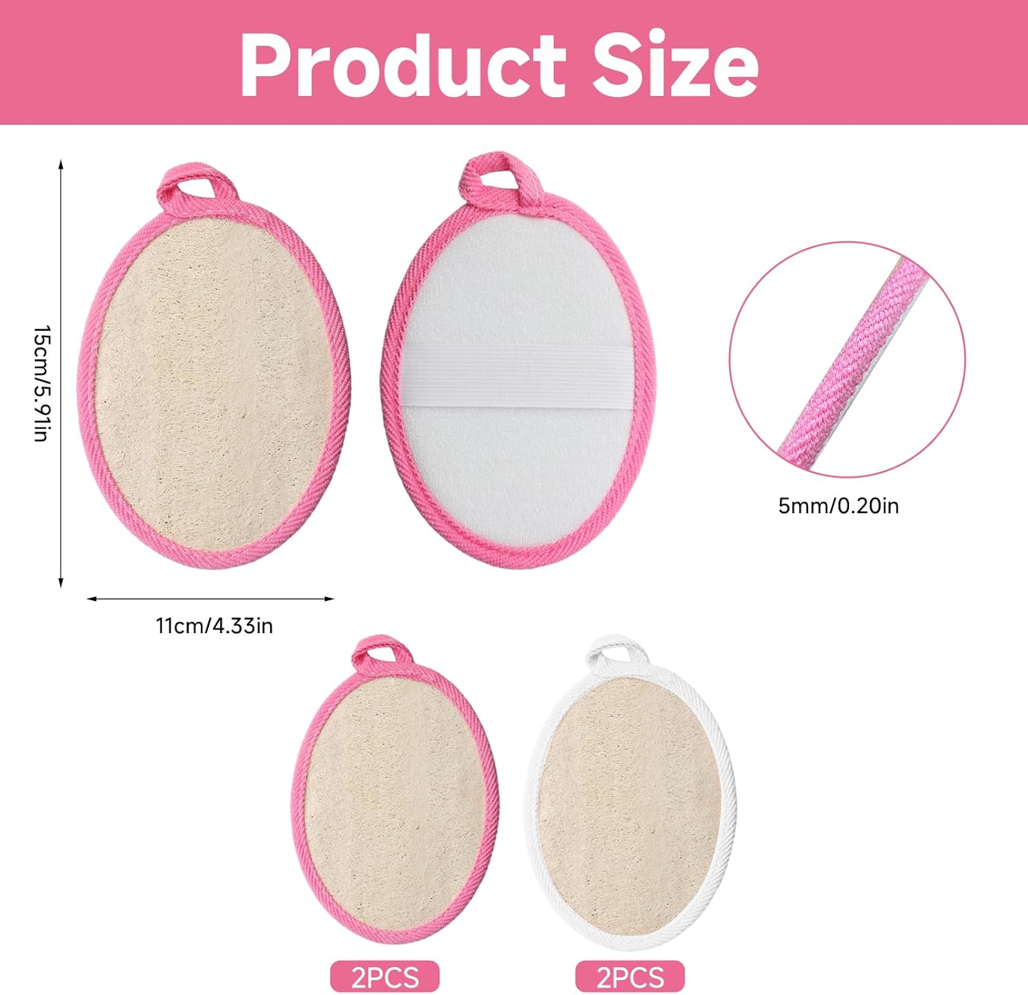 Shingidea 4 Pcs Natural Loofah Sponge Body Scrubbers 11X15Cm with Hanging Rope,Exfoliating Shower Loofah for Women and Men,2 White and 2 Pink Bath Sponges for Daily Skin Exfoliation and Cleansing image number 3