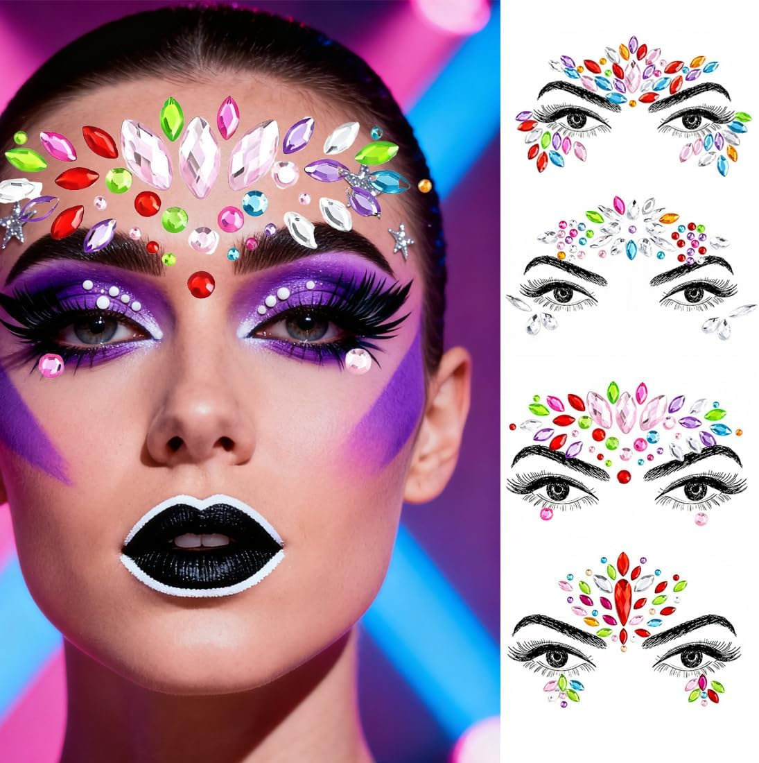 ZORVYN 4 Pieces Face Rhinestones Rhinestone Stickers Face Rhinestones for Music Carnival Party Makeup image number 3