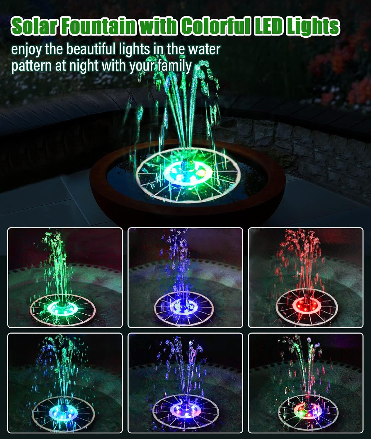 SZMP Solar Fountain Upgraded 100% Glass Panel, 3.5W Floating Solar Powered Water Pump Built-In 2000 Battery with 7 Nozzle & 4 Fixer, Solar Bird Bath Fountain for Garden, Pond, Pool, Outdoor (Colorful) image number 5