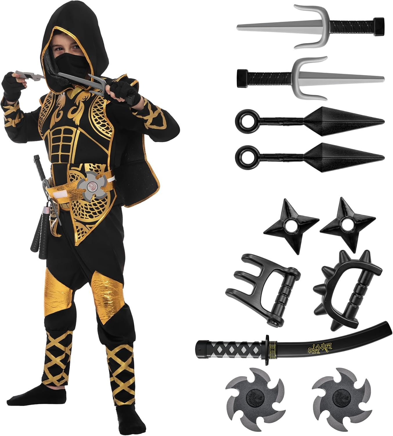 Golden Ninja Deluxe Costume Set with Ninja Foam Accessories Toys for Kids Kung Fu Outfit Halloween Ideas image number 3