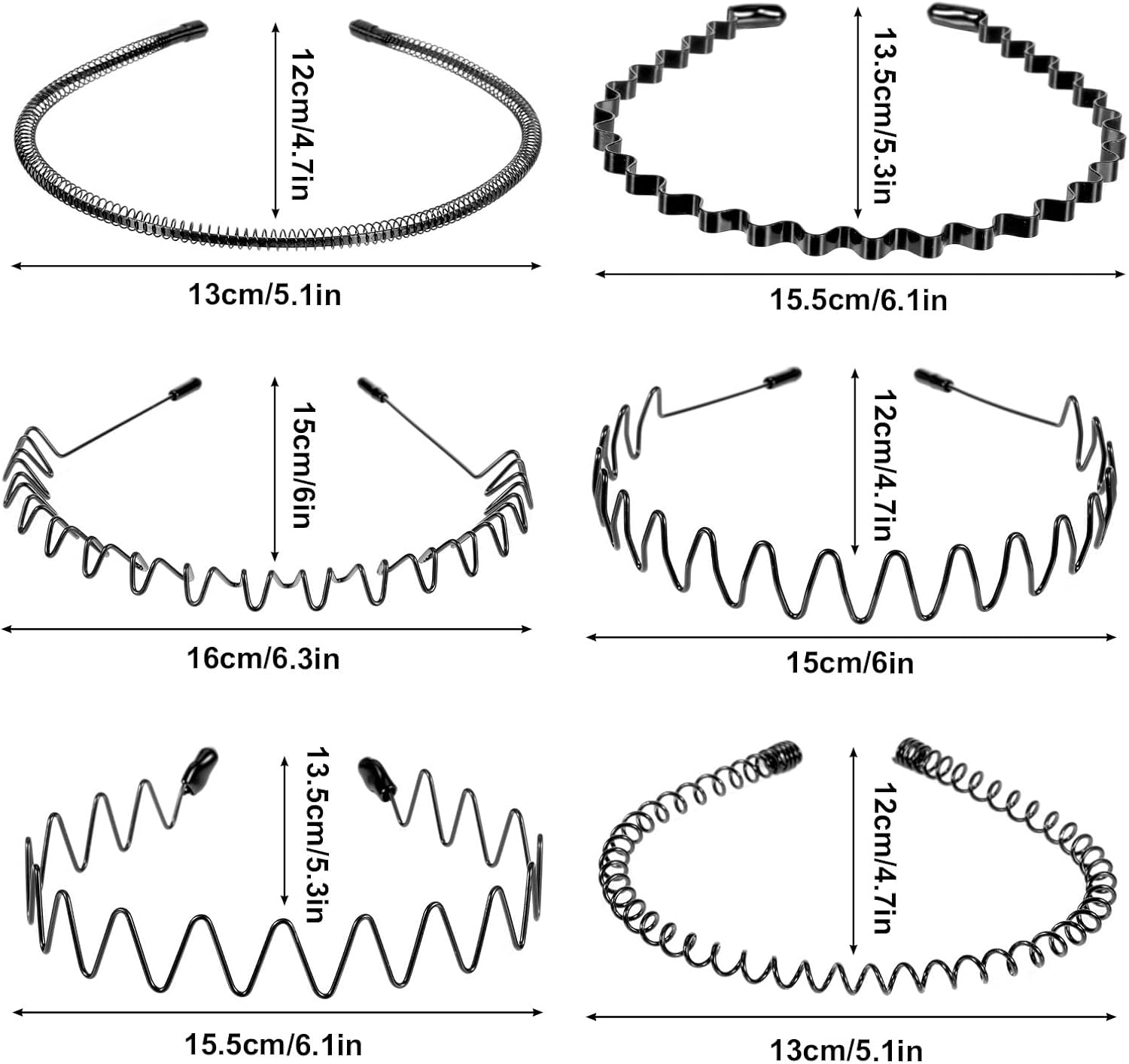 Sibba Pack of 6 Metal Hair Bands, Unisex Wave Hair Bands for Sports and Daily Life, Non-Slip Elastic Headbands for Running, Yoga and Parties, Black image number 1