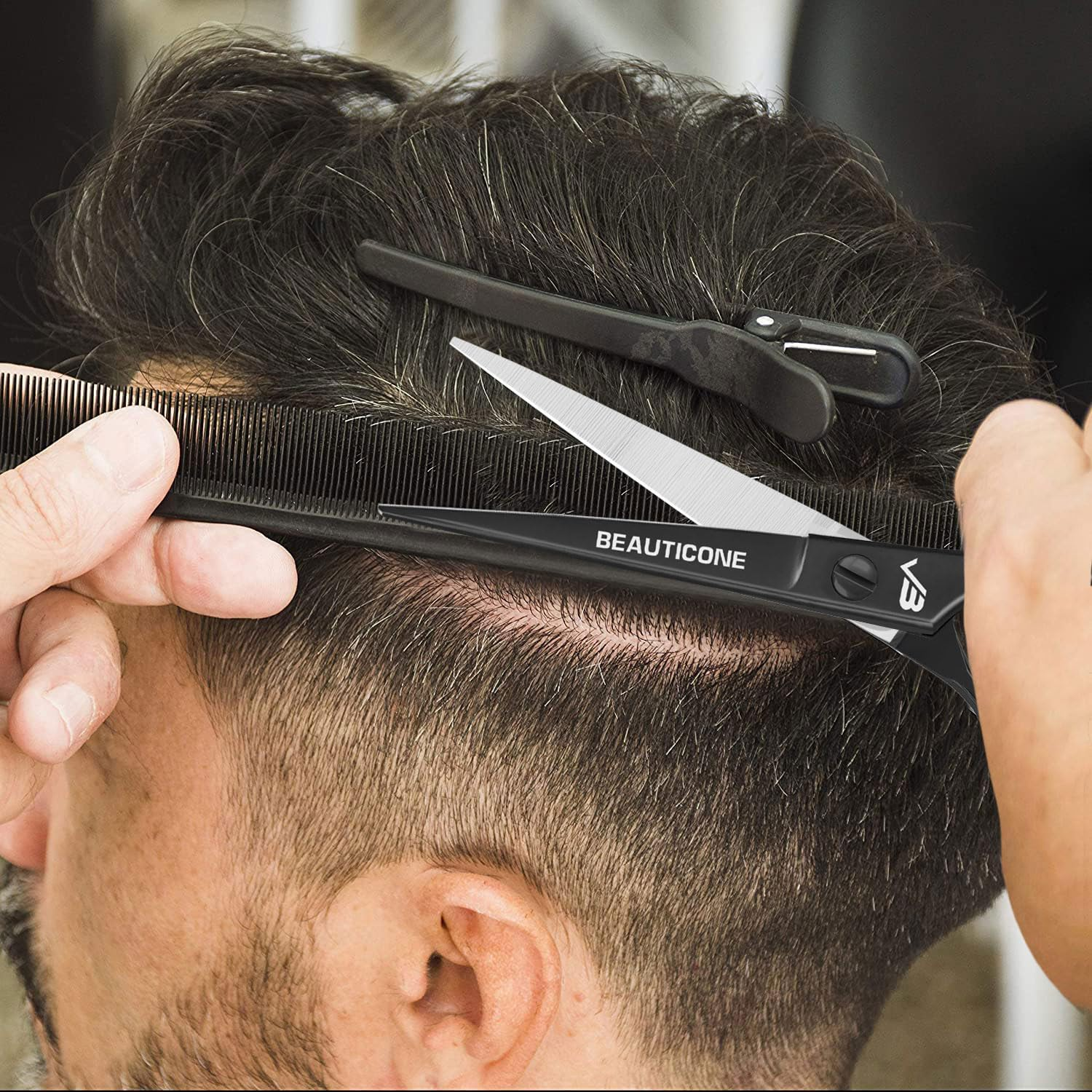 BEAUTICONE &reg; Hair Cutting Scissors - High Carbon SS 6.5" Professional Barber-Grade Salon Shears with Serrated & Razor Edge - Black Premium Gift Box with Leather Pouch & Extra Accs - Ultra Lightweight image number 2