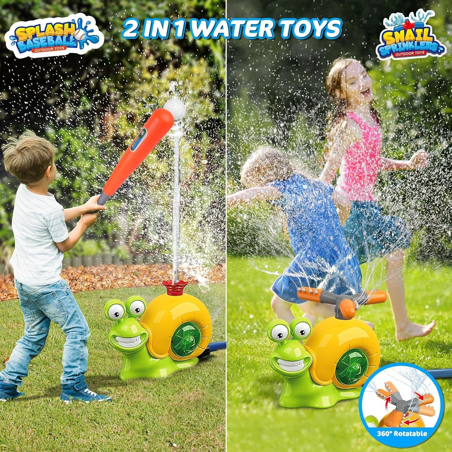 Water Sprinkler Baseball Toy for Kids Outdoor Play, 2 in 1 Snail Summer Water Game with 2 Sprinkler Heads, 360&deg; Roating Spray Water Baseball for Boys Girls Summer Backyard Lawn Pool Party Fun image number 5