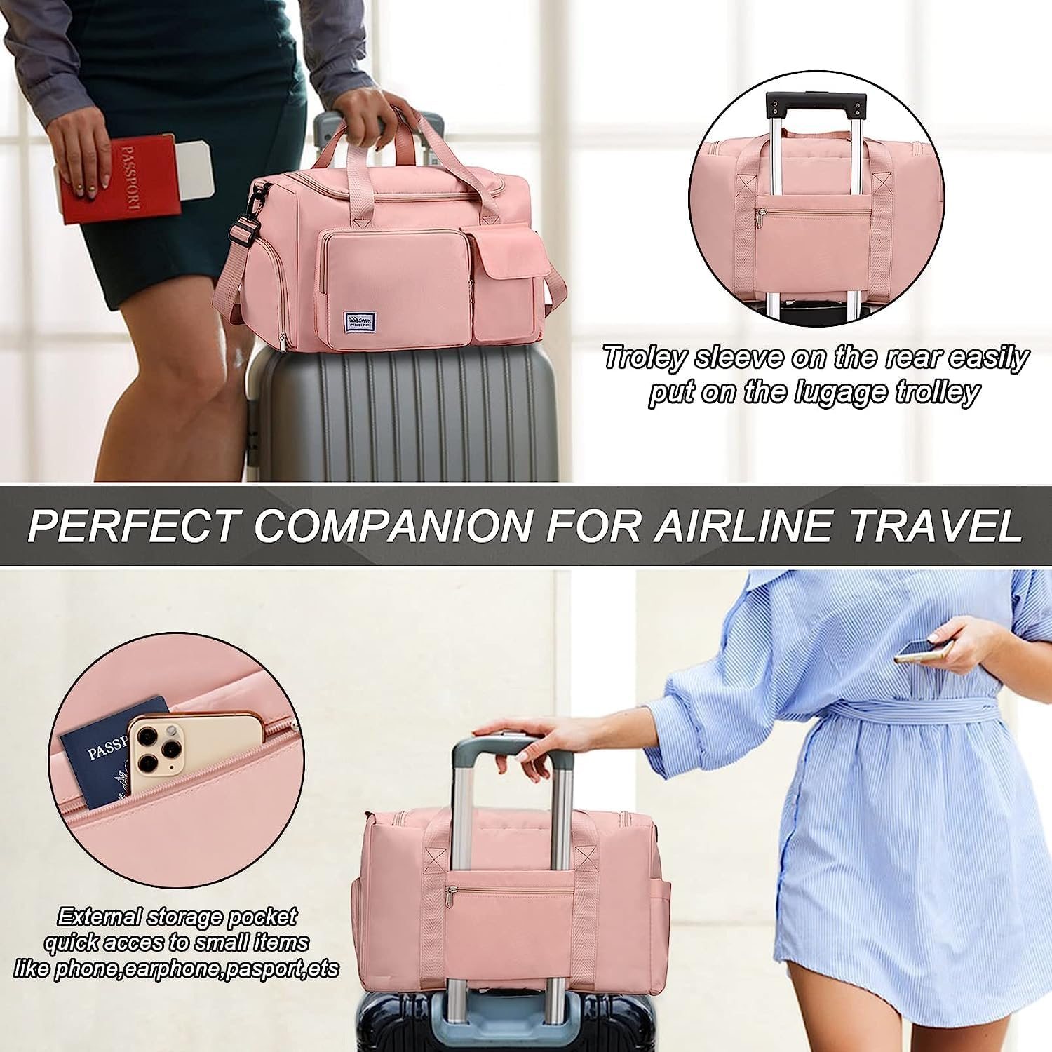 Sports Gym Bag for Women Men,Travel Duffel Bag with Shoes Compartment,Waterproof Weekend Travel Bag Overnight Bag with Trolley Sleeve, Carry Luggage Bag for Weekender,Sports, Gym,Travel (Pink) image number 1