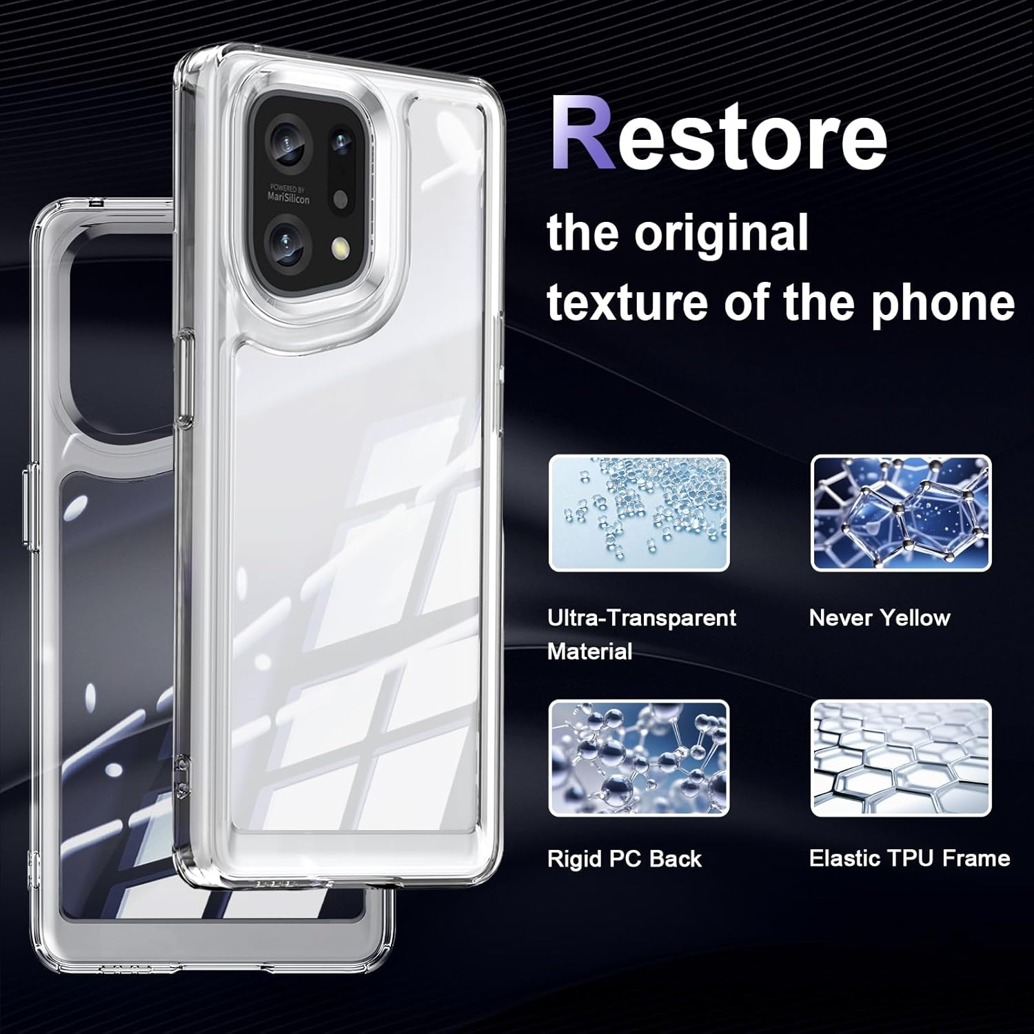 Liisooka Case for OPPO Find X5, Military Grade Drop Protection Phone Case, Yellowing Resistant, Anti-Scratch Hard PC Back, Shockproof Hard Ultra-Thin Protective Cover, Clear image number 3