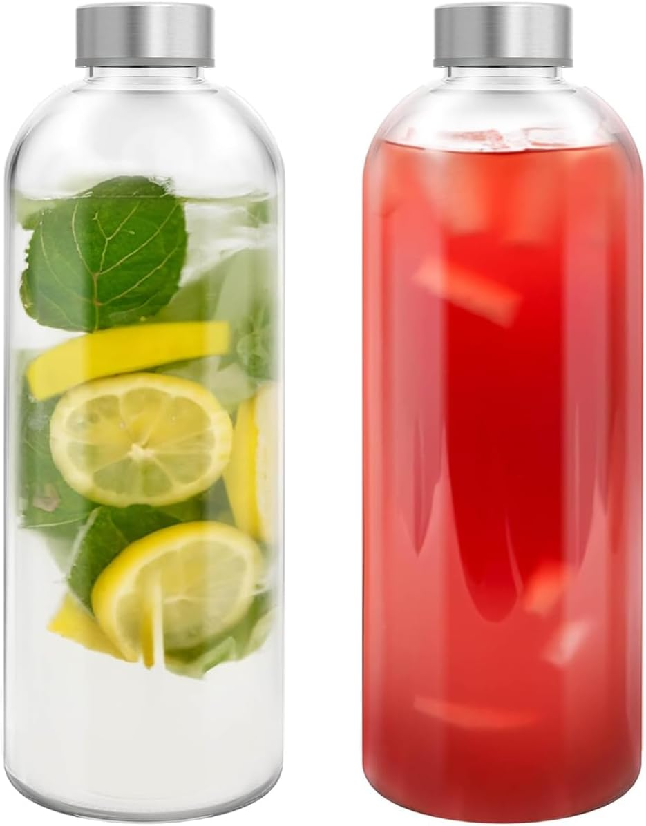 Blissify 1L High Borosilicate Glass Water Bottles, 2 Pack Glass Juice Bottles with Lids, Reusable Drinking Bottles for Hot Cold Drinks, Home, Office, Gym & Outdoors