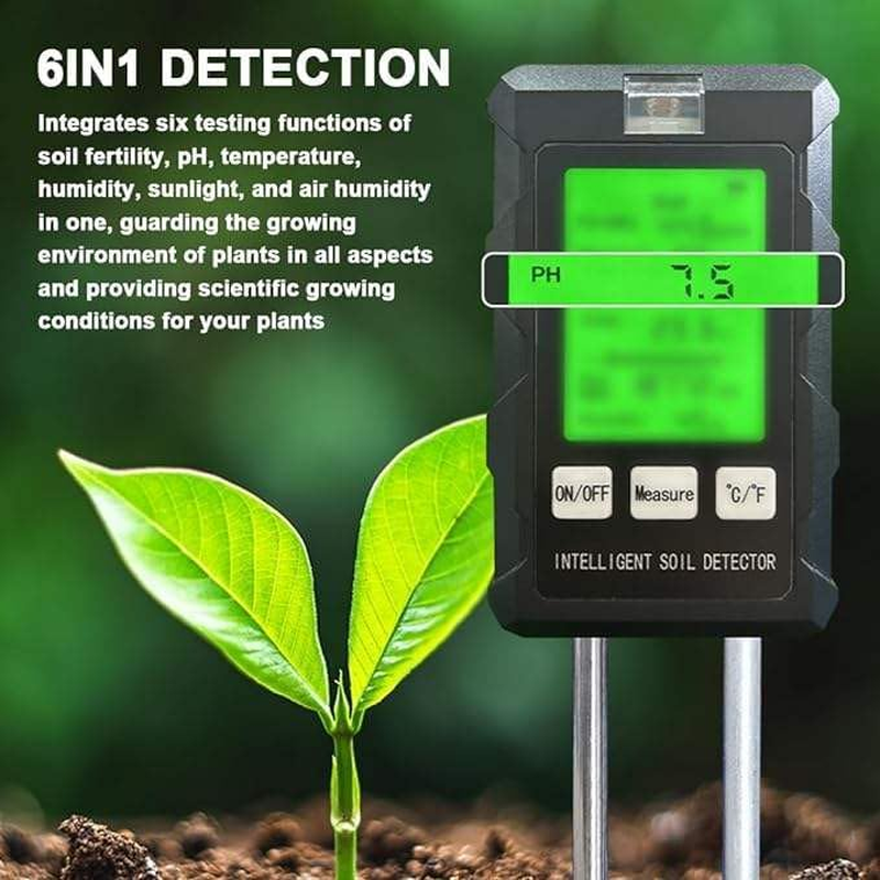 Soil Tester,6-In-1 Soil Moisture Meter with 2 Probes,Soil PH Tester with Light/Temperature/Lcd Display/Humidity for Gardening,Lawn Care,Plant Care,Farm,(Batteries Not Included) image number 1