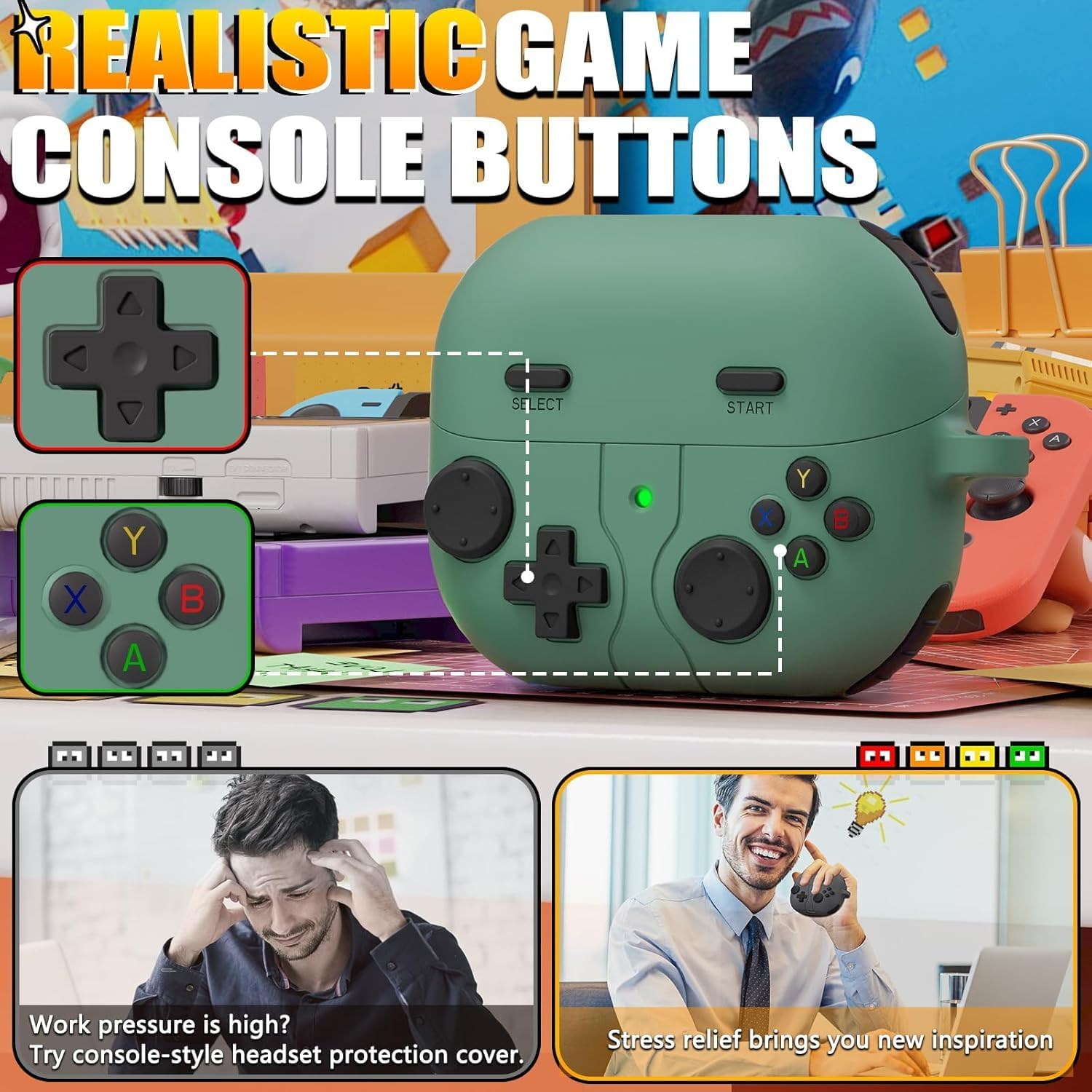 Game Case Compatible with Samsung Galaxy Buds 3 Case & Galaxy Buds 3 Pro Case,With 3D Decompression Button,Soft Silicone Classic Game Player Design Case Cover Green