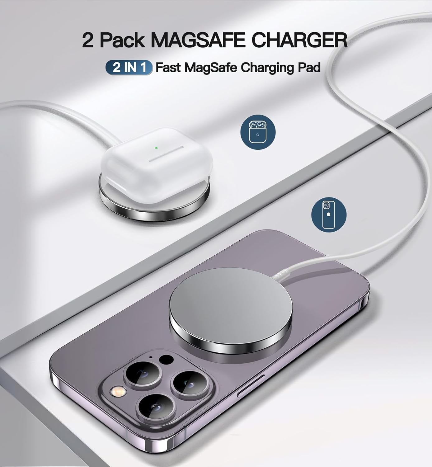 Magnetic Wireless Charger 15W Fast Mag Safe Charger for Cell Phone 17 Pro Max/17 Pro/17 Plus/17/16/15/14/13/12 Series 2 Pack Charging Pad for Airpods 3/2/Pro 2/Pro Mag-Safe Original Replacement