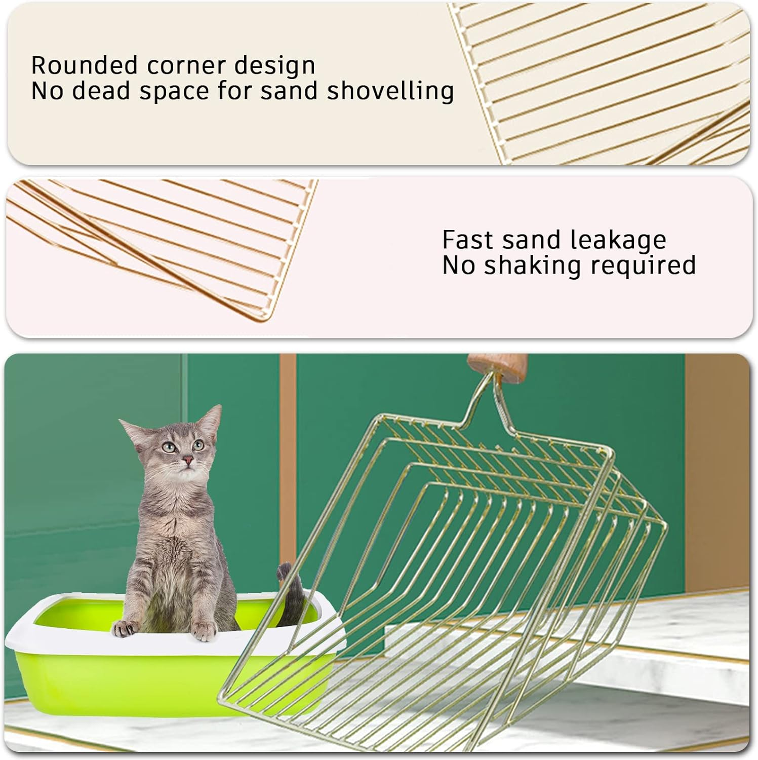 Cat Litter Scoop Stainless Steel Metal, Non-Slip Beech Handle Kitten Deep Shovel Holder for Maximum Sifting, Non Stick Scoop Sifter Cat Litter Shovel Cleaning Scoop image number 5