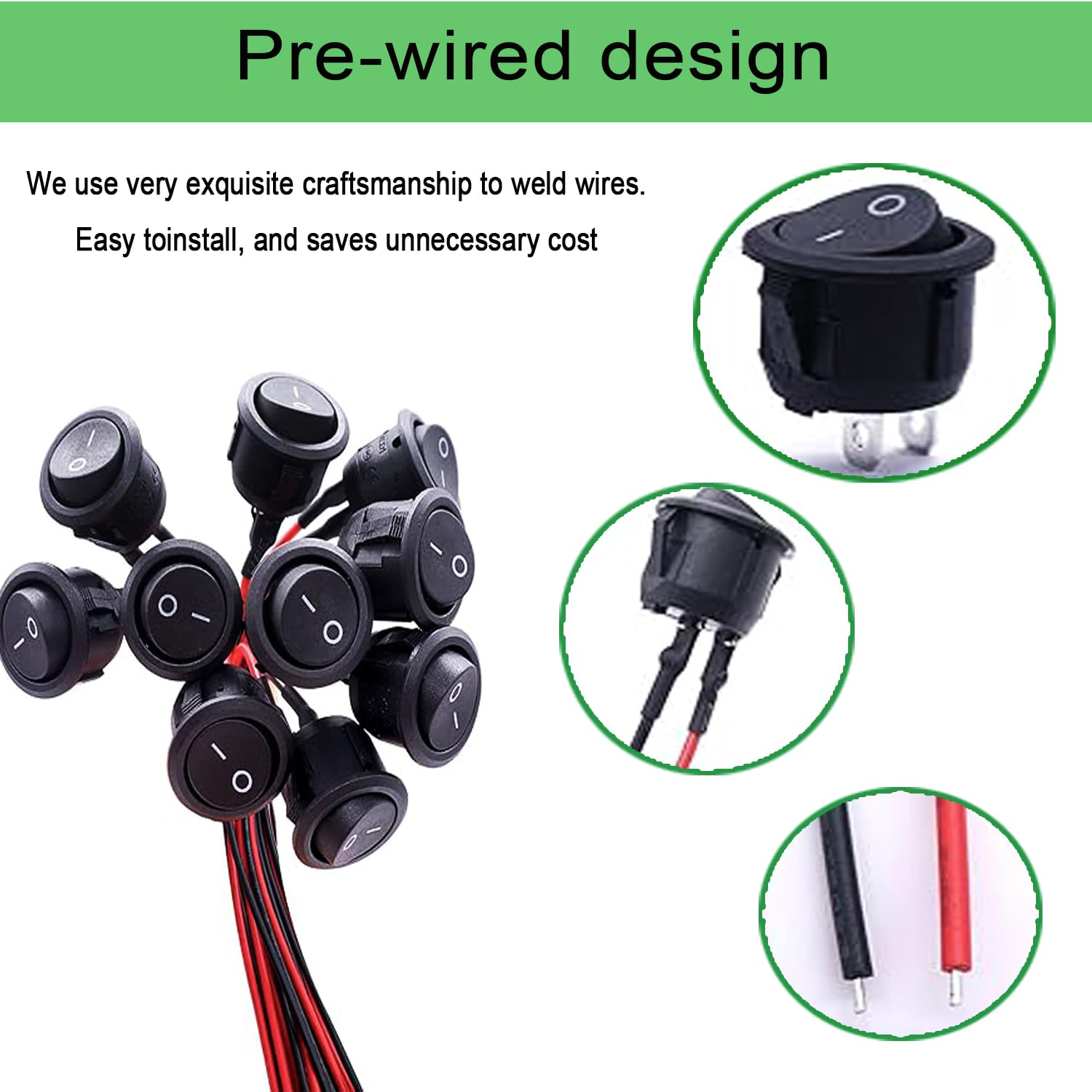 15Pcs round Rocker Switch, Mini Circle Toggle Switch with Pre-Wired AC 6A/250V 10A/125V, on off 20Mm SPST, 2 Pin Switch 120V Wired KCD1, 12V DC Electrical Switches for Car Boat RV Automotive image number 2