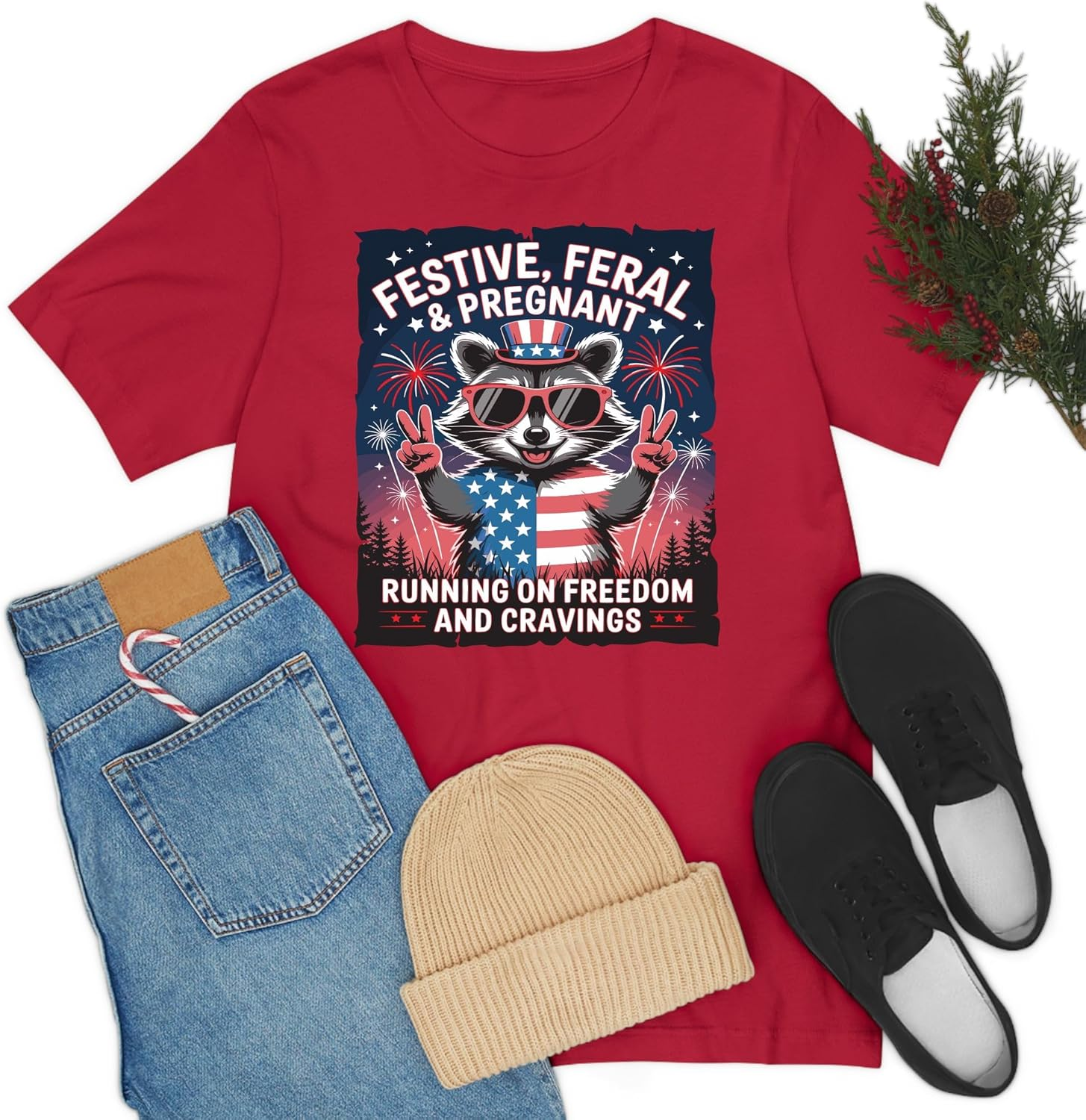 Festive Feral and Pregnant 4Th of July Pregnancy Announcement T-Shirt for Women image number 6