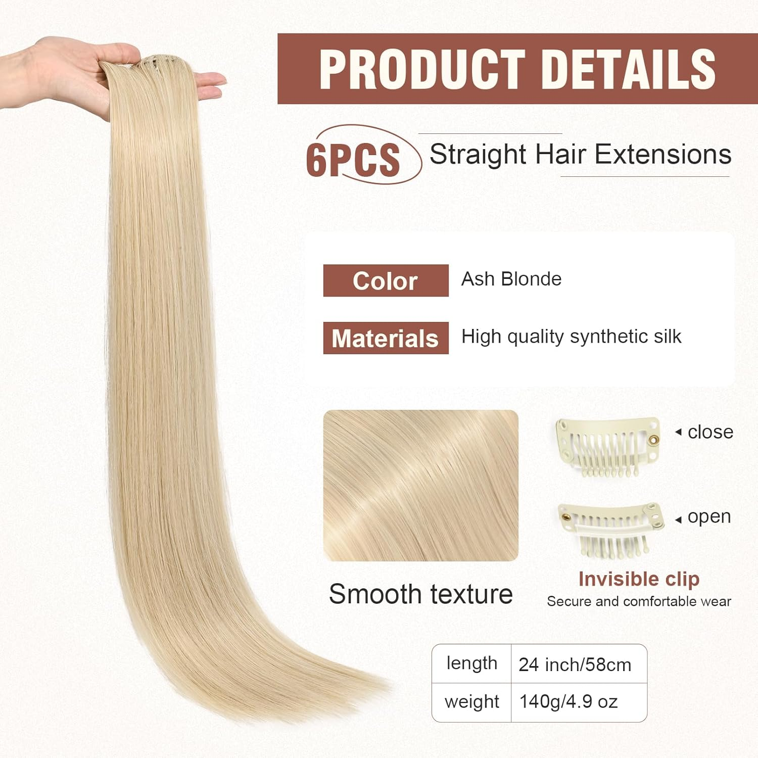 FLUFYMOOZ 6PC Clip in Hair Extensions 24" Straight Long Extensions for Women Synthetic Hairpiece (Ash Blonde) image number 6