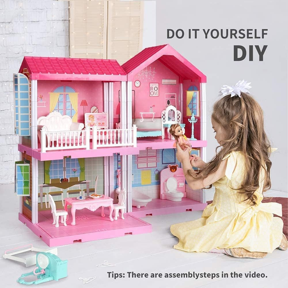 ZALLUC Dollhouse Girls Pretend Toys 4 Room- Doll Figure with Furniture, Accessories, Stairs, Pets and Dolls, DIY Cottage Pretend Play Dollhouse, for Toddlers, Boys & Girls image number 1
