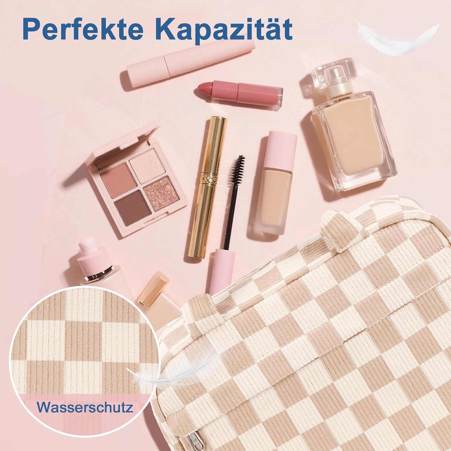 LEDAOU Cosmetic Bag with Inner Compartments, Carry Handle, Water-Repellent Makeup Bag, Corduroy Toiletry Bag, Unisex, Brown-White Grid, Modern image number 6