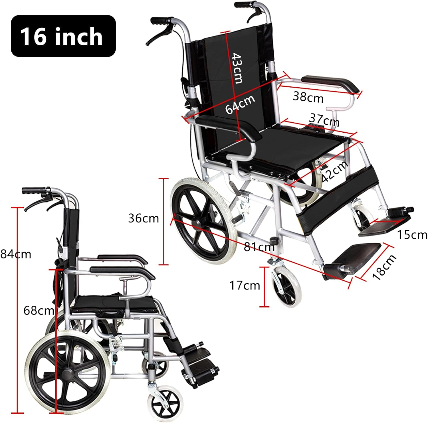PORIYA 16" Lightweight Foldable Wheelchair with Park Brakes and Soft Comfort Features &ndash; Ideal for Elderly and Disabled Users! (BLACK) - Black image number 6