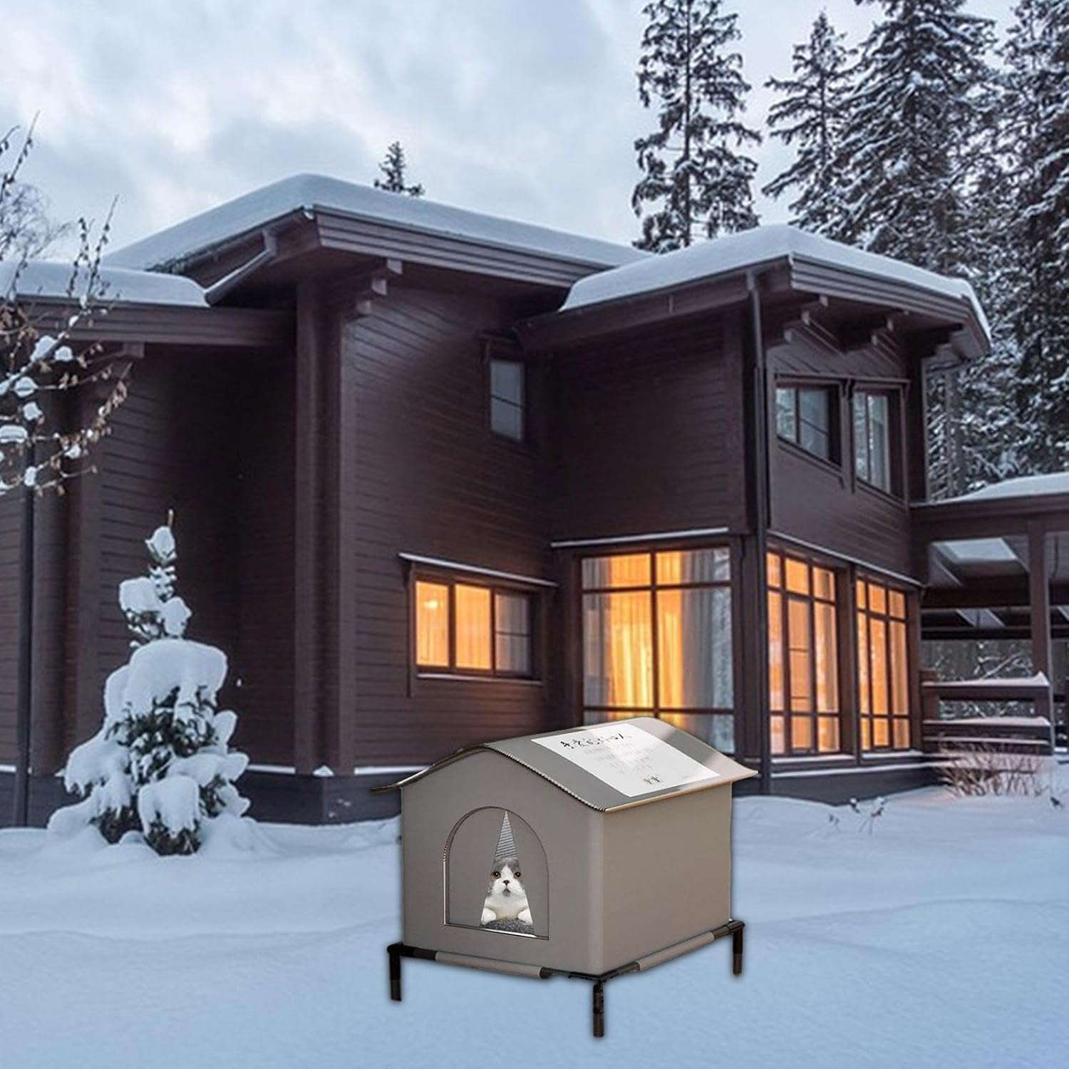 Folpus Outdoor Cat House Kitty Pet House,Pet Supplies,Dog House,Warm and Insulated Cube Cat Shelter Elevated for Porch outside Barn, L image number 4