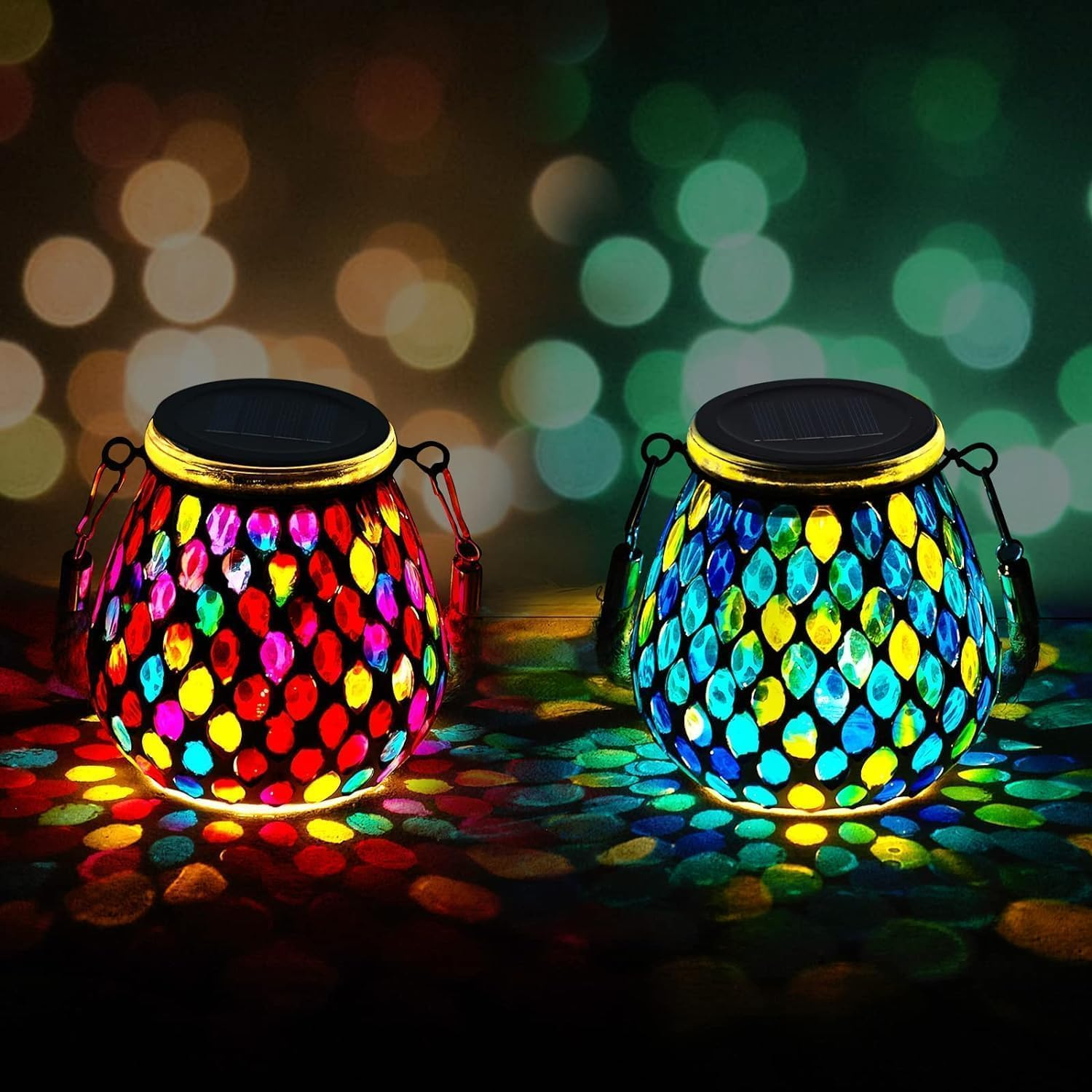 Zarmanuae Mosaic Solar Lanterns Outdoor Hanging Lights, Red & Blue Color Solar Glass Lights, Outdoor Waterproof Solar Night Lights, Garden, Patio, Pathway & Yard Multi-Colour, 2 Pack