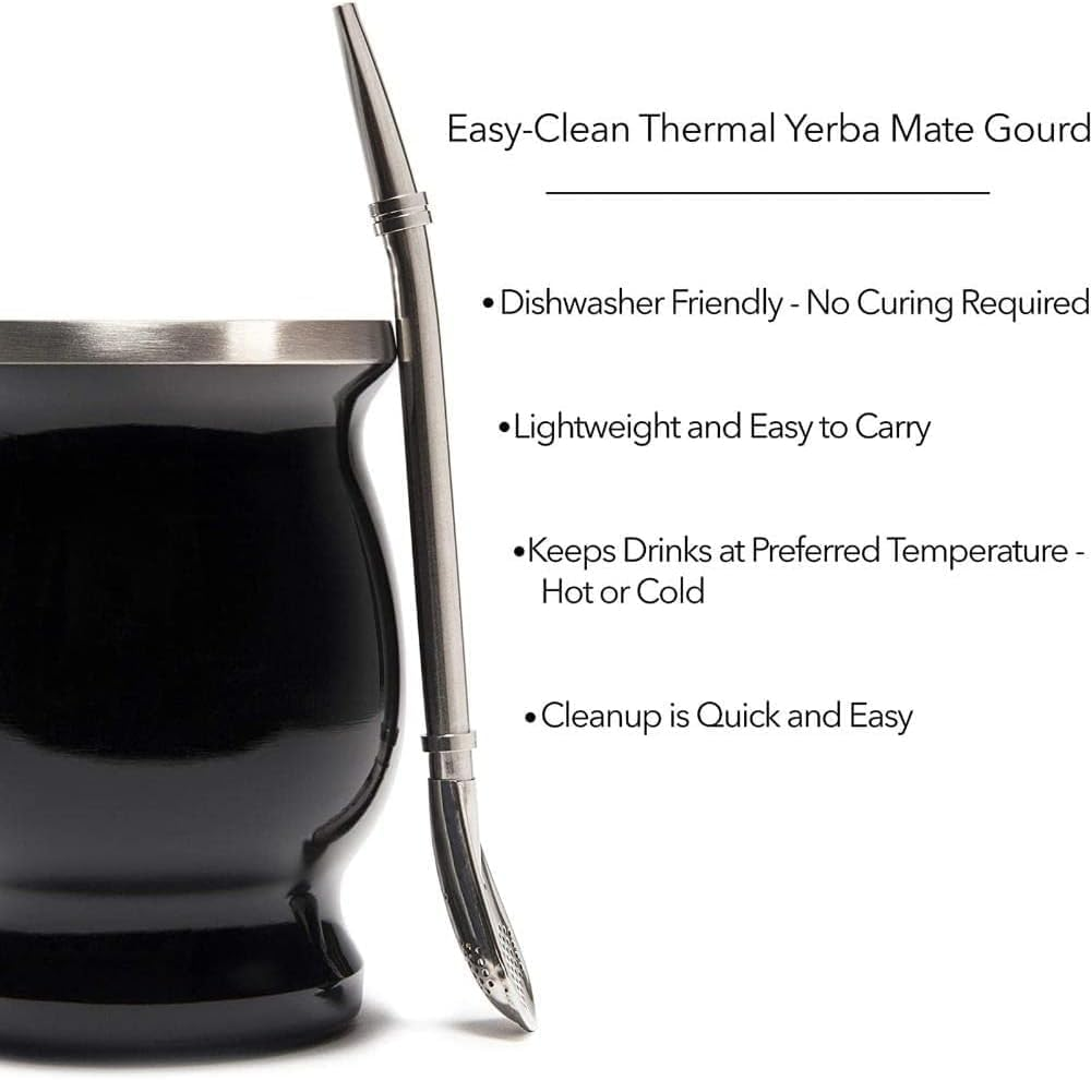 Mate Cup,Yerba Mate Gourd Cup Set, Stainless Steel Double Wall Tea Cup Set Traditional Mate Cup Includes 2 Bombillas Yerba Mate Straws (Black) image number 2