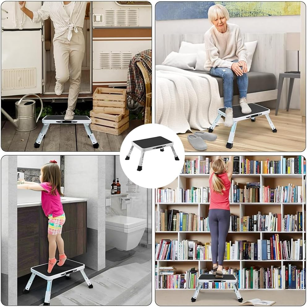 Folding Step Stool, Adjustable Step Stool,Step Ladder,One Step Stool,Four-Legged Stool,For Adults,Older or Kids in Kitchen, Bathroom, RV, Camping, Office,Ect - Black image number 5