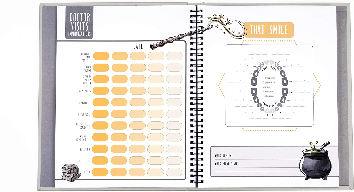 Conquest Journals Harry Potter Little Keeper Baby Album, Capture Magical Memories from Baby Shower through Age 5, Grey Linen Cover with Lay Flat Spiral, 9" X 11 1/2", 66-Guided Journal Pages