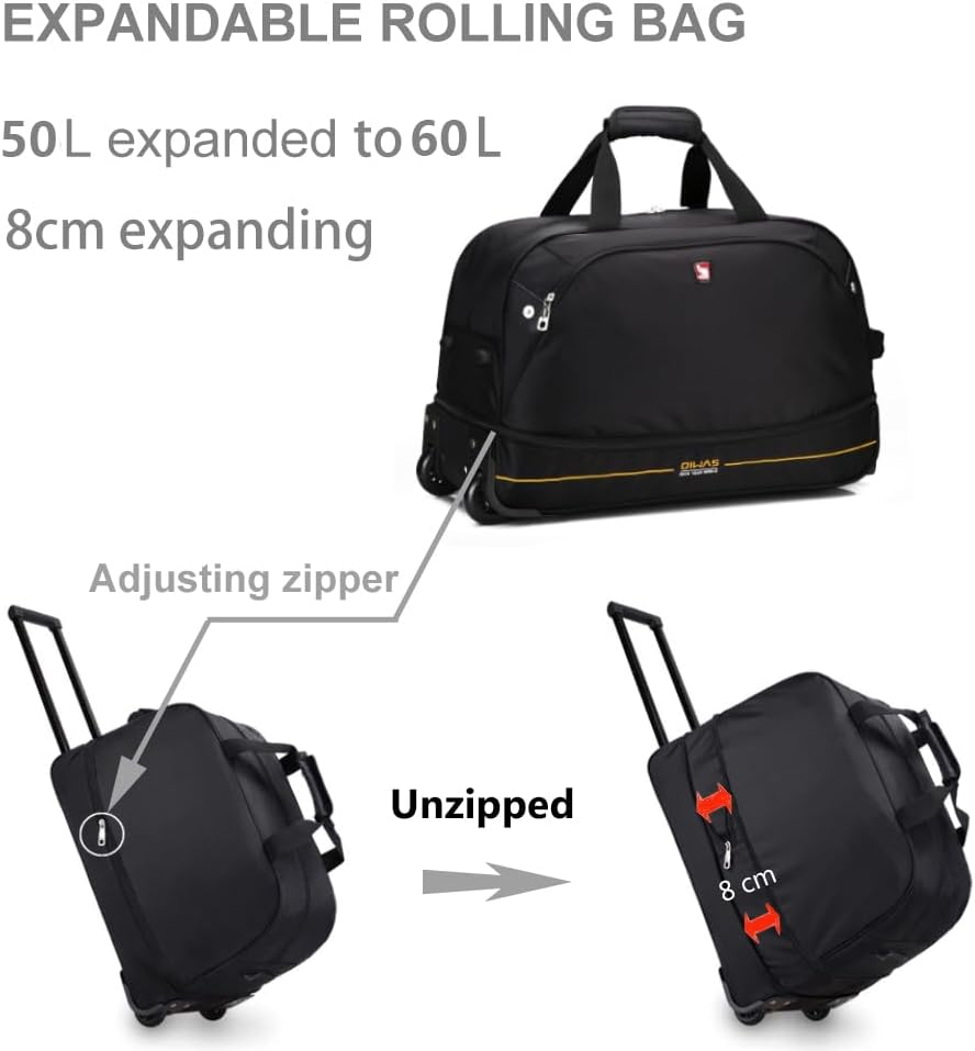 OIWAS Small Rolling Duffel Bag with Wheels Travel 22 Inch Carry on Luggage Tote Unisex-Adult Short Term Trips Expandable 50L to 60L (Black) image number 1