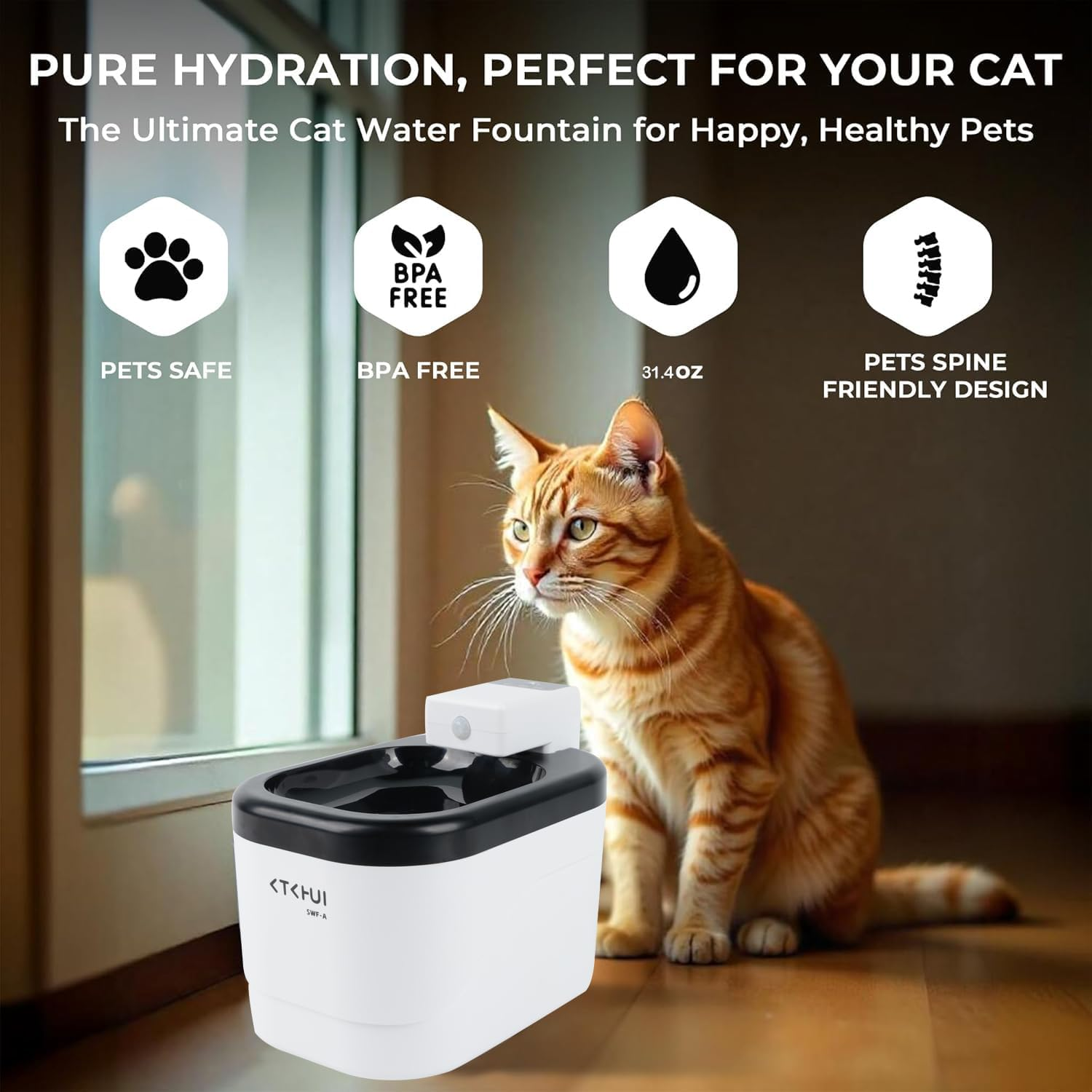 2L Cordless Automatic Water Fountain for Cats Silent Water Pump Filter Rechargeable with Timer & Sensor Mode for Cats image number 1