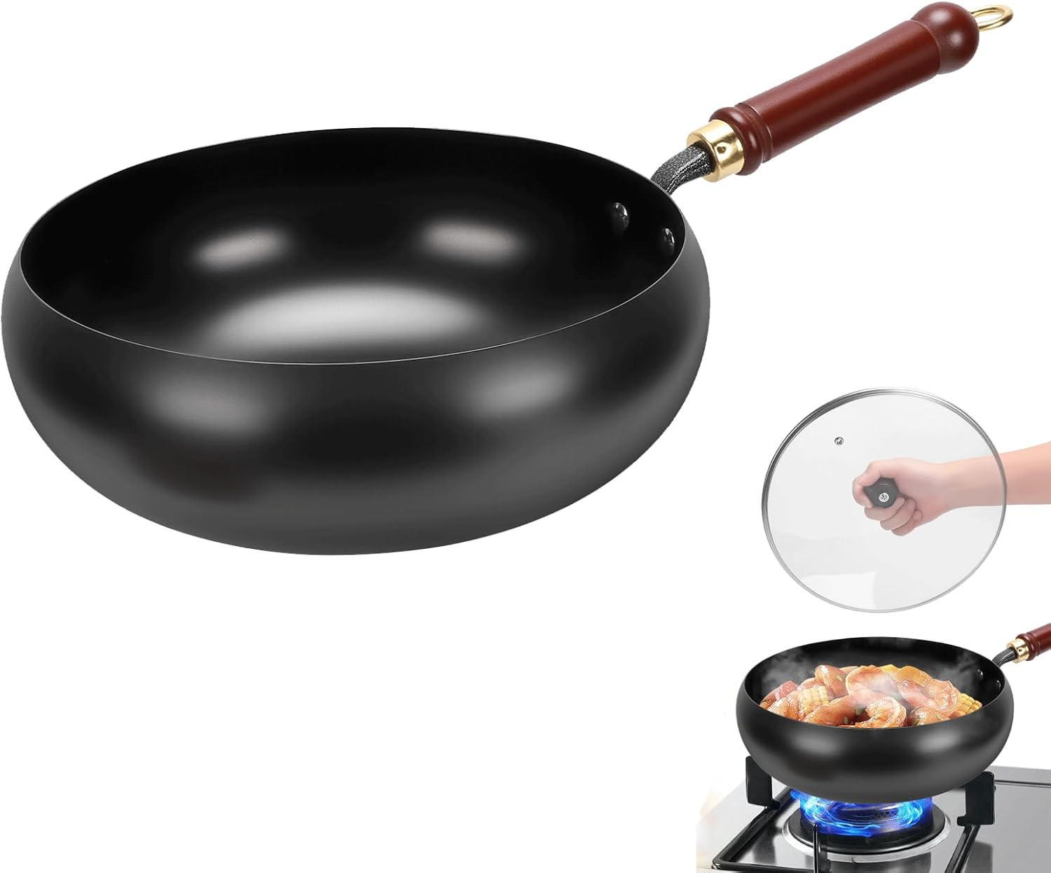 Suntuup Japanese Iron Pan, 28Cm Cast Iron Wok, with Spatula, 2 Covers to Choose From, for Pots on Electric Stoves/Induction Cookers/Gas Stoves (Glass Lid)