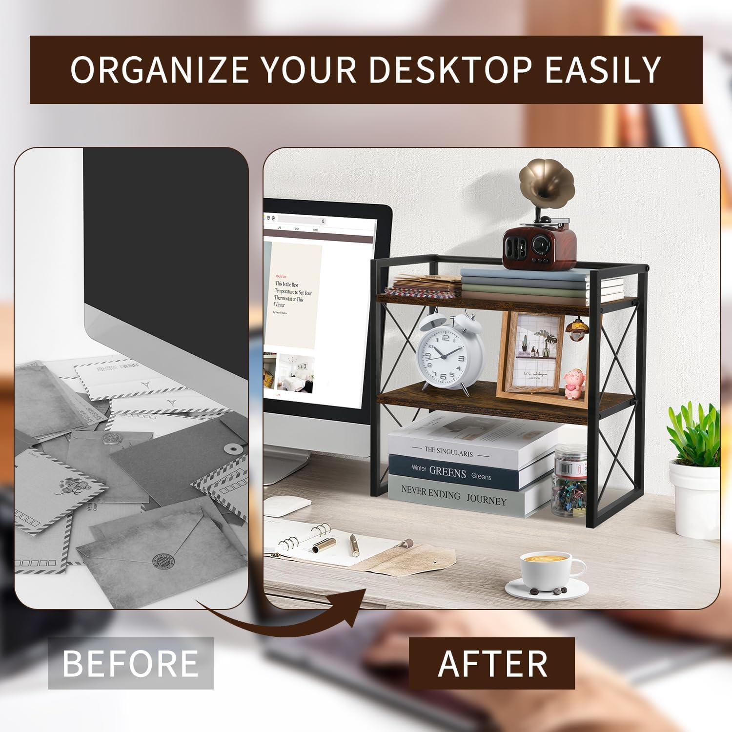 Desktop Shelf Organizer, 2 Tier Office Shelves, Wood Desk Organizer Storage Rack and Freestanding Display Shelf for Office, Dormitory, Home (Retro)