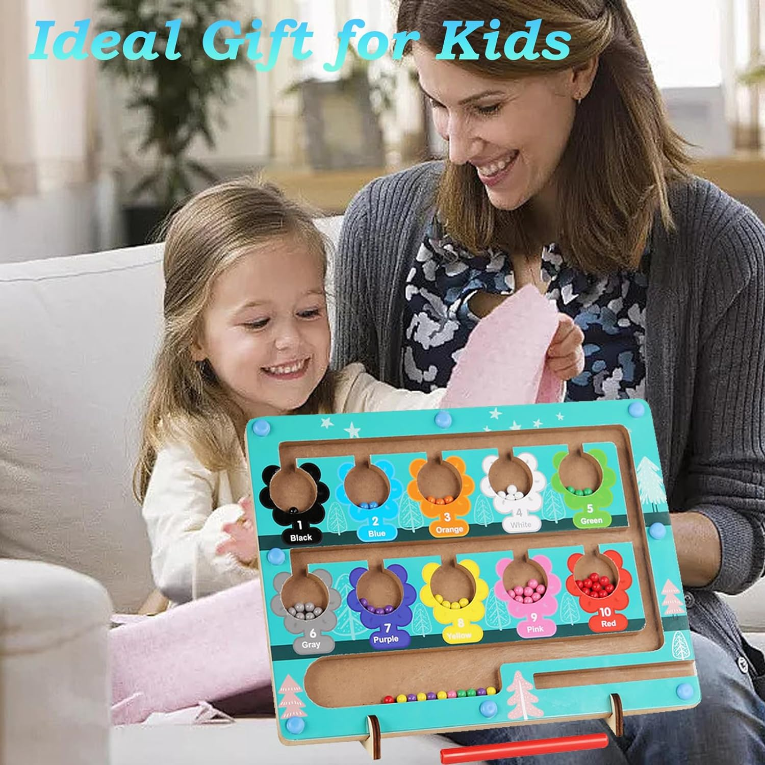 Magnetic Color and Number Maze，Montessori Wooden Magnet Board Puzzles Toddler Activities Counting Matching Games，Fine Motor Skills Preschool Learning Education Toys for Boys Girls (Flower) image number 4