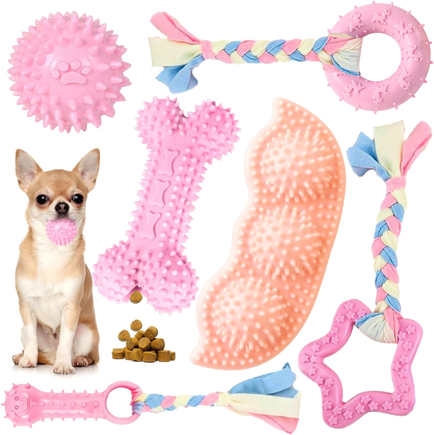 Petcare 6 Pack Puppy Chew Toys for Teething - Cute Pink Soft Rubber Rope Balls for Small Dogs, Yorkies - Fun Bones Clean Teeth