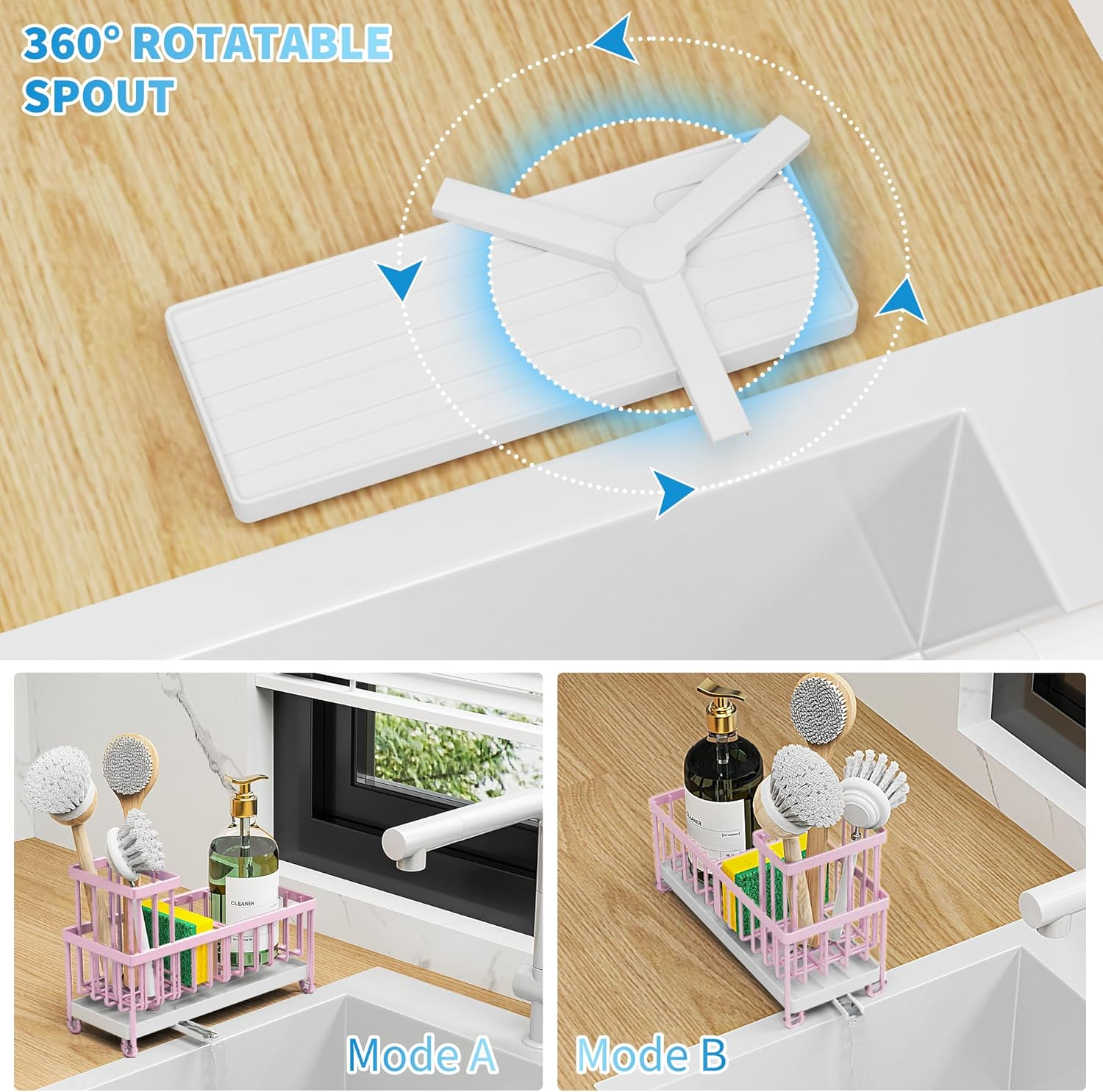 Cisily Pink Sponge Holder for Kitchen Sink, Sink Caddy Organizer with High Brush Holder, Countertop Organizers and Storage Essentials, Rustproof 304 Stainless Steel, Pink Kitchen Accessories and Decor image number 2