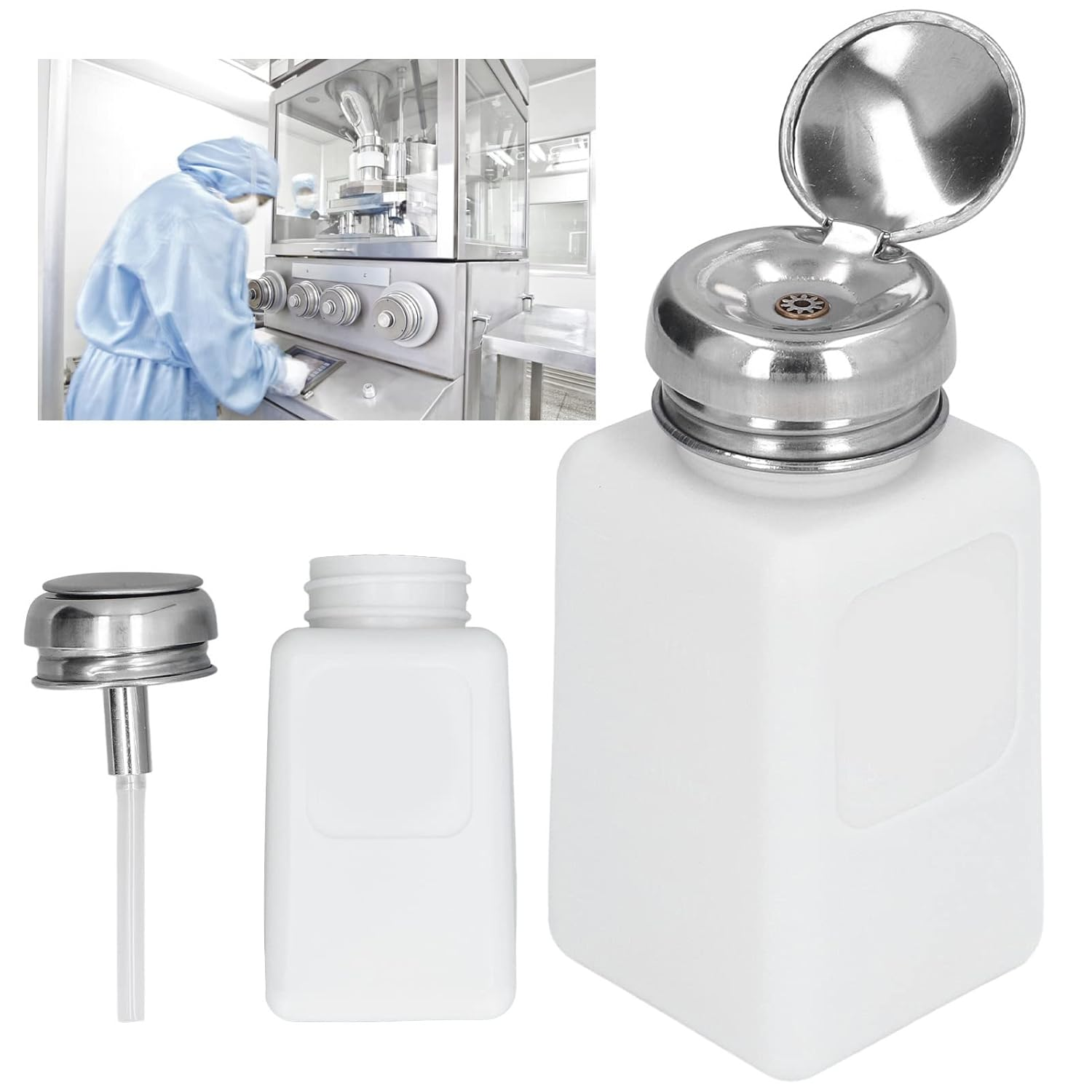 Liquid Dispenser Pump, 200ML Press Type ESD Safety anti Static Stainless Steel Lid Dispenser Pump Bottle anti Backflow Small Portable Solvent Dispenser for Acetone, IPA Solvent, Oil(White) image number 2