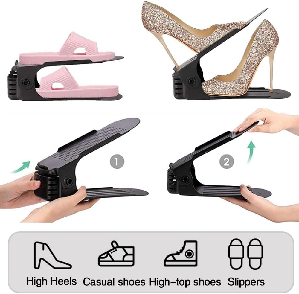 Shoe Slots Organizer Adjustable Shoe Stacker Storage Space Saver 4 Level Double Plastic Shoe Rack Living Room Shoe Storage Cabinet Rack Holder (Black) image number 4