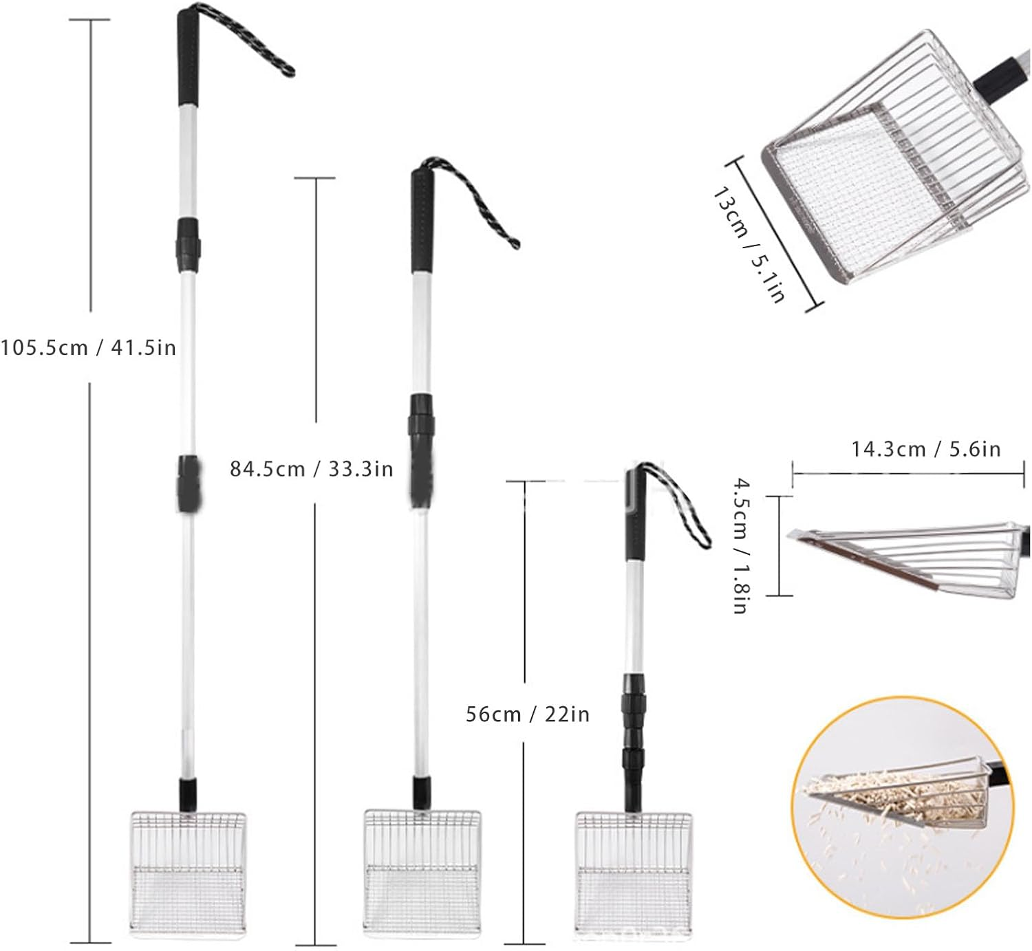 Chicken Poop Scooper, Stainless Steel Long Handle Cat Litter Sifter Stretchable Litter Scooper Chicken Poop Shovel, Chicken Coop Cleaning Tools Scoop for Chicken Coop Accessories