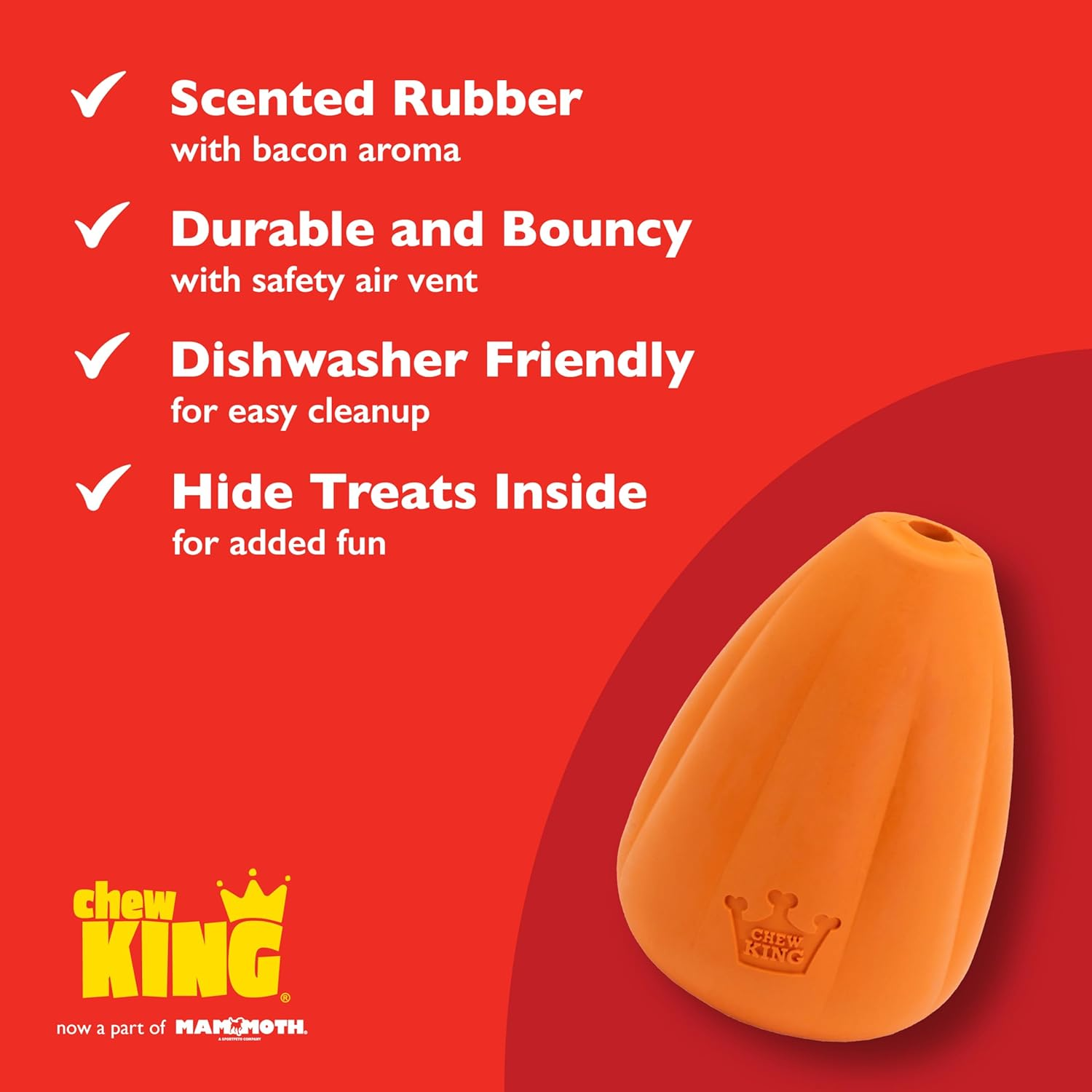 Chew King Premium Treat Dog Toy, Extremely Durable Natural Rubber Toy, Bacon Flavored Dog Toy Orange Medium image number 1