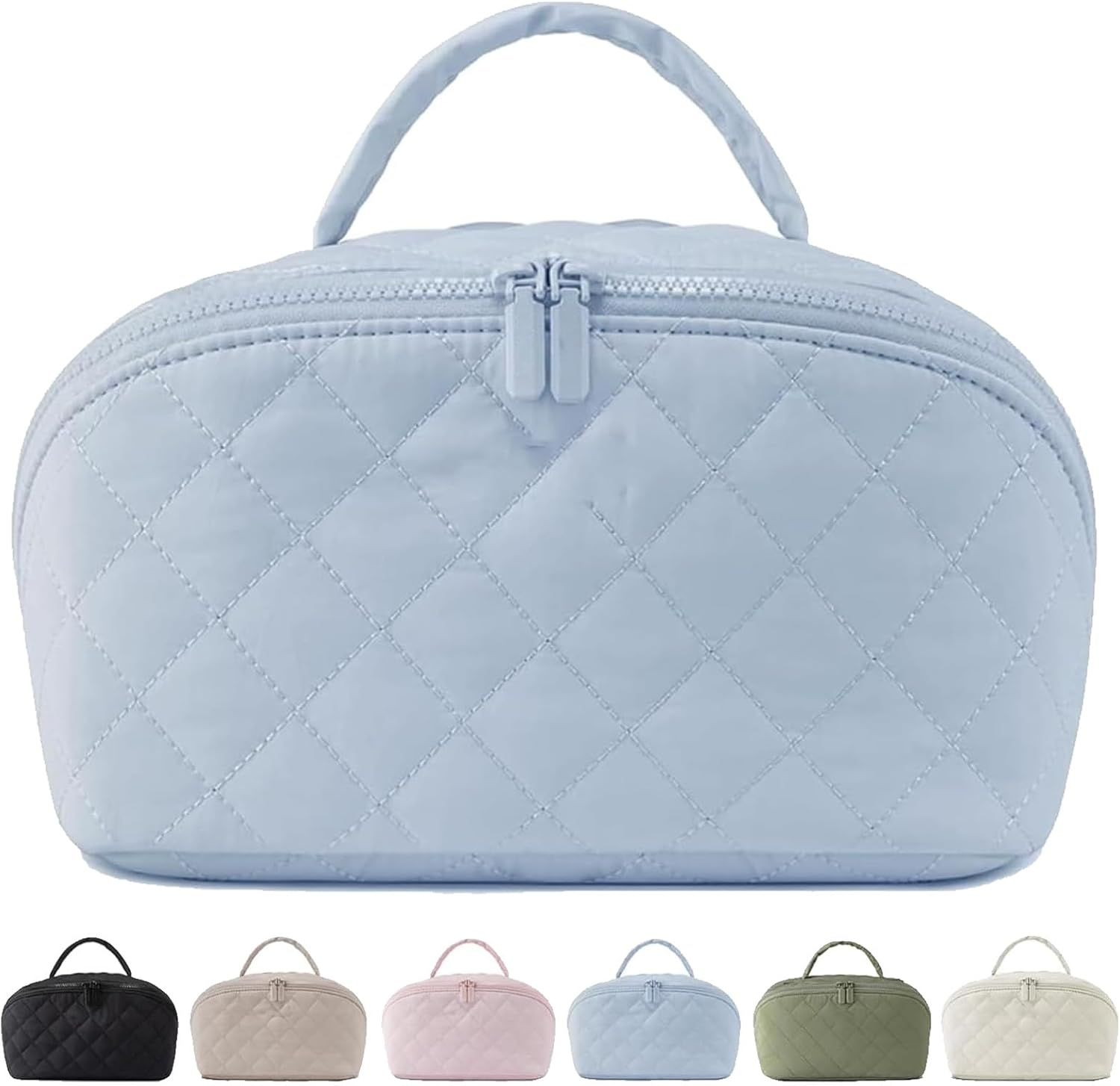 Petition Makeup Bag for Woman, Wide Open Lay-Flat Water-Resistant Cosmetic Case, Expandable Makeup Bag, Pouch Open Flat Small Toiletry Bags, with Brush Compartment, Handle (Blue)