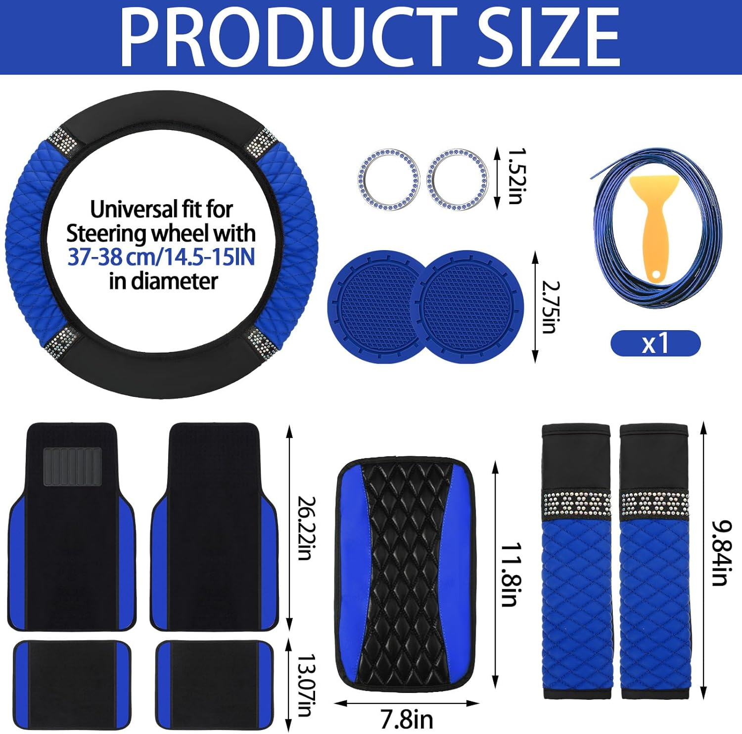 BBTO 43 Pcs Bling Car Accessories Set for Women Front Seats and Rear Bench Polyester Car Seat Protectors Wheel Cover Seat Floor Mats Full Crystal Automotive Interior Decor(Blue, Black) - Lake Blue image number 7