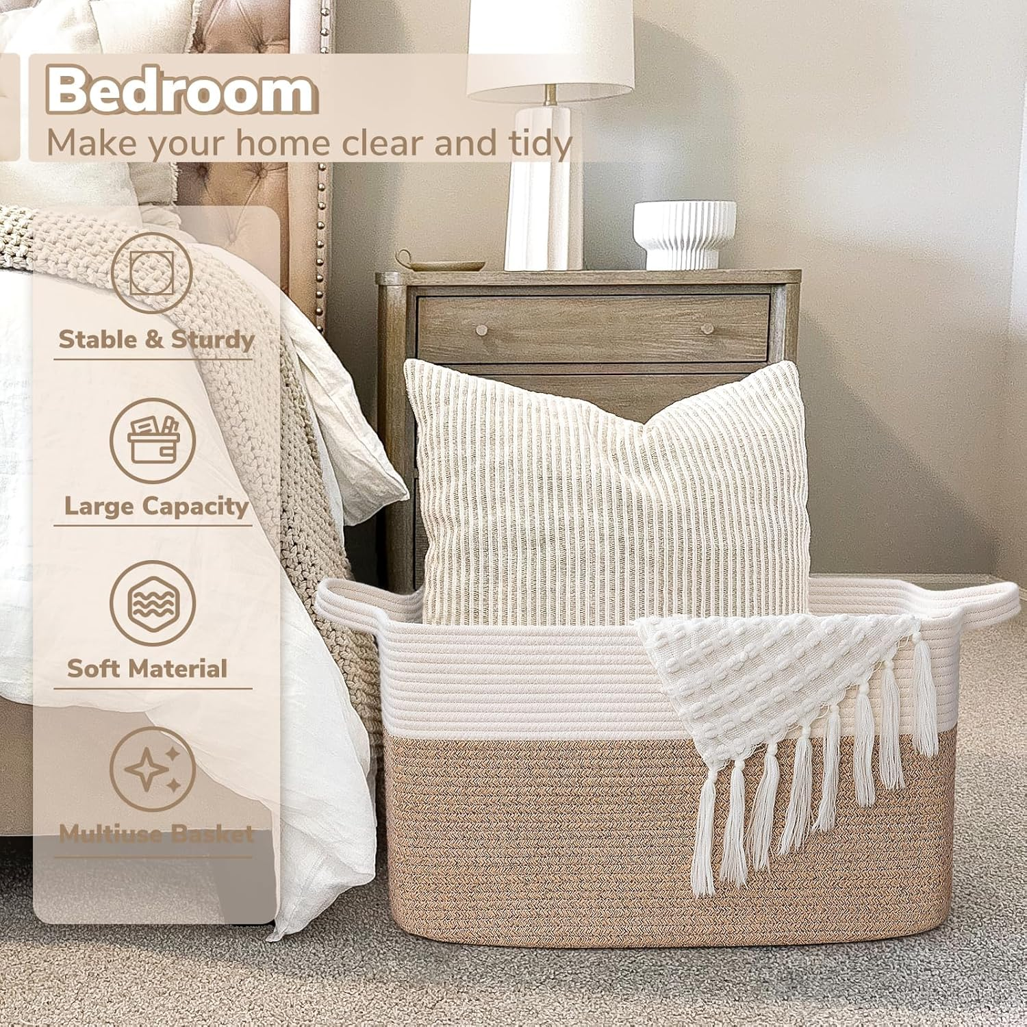 Large Basket, Storage Baskets for Organizing, XICEN Blanket Storage for Living Room, Bedroom, Rectangle Rope Baskets for Storage, Woven Baby Basket for Clothes, Towels, 55Cm X 38Cm X 30Cm image number 5