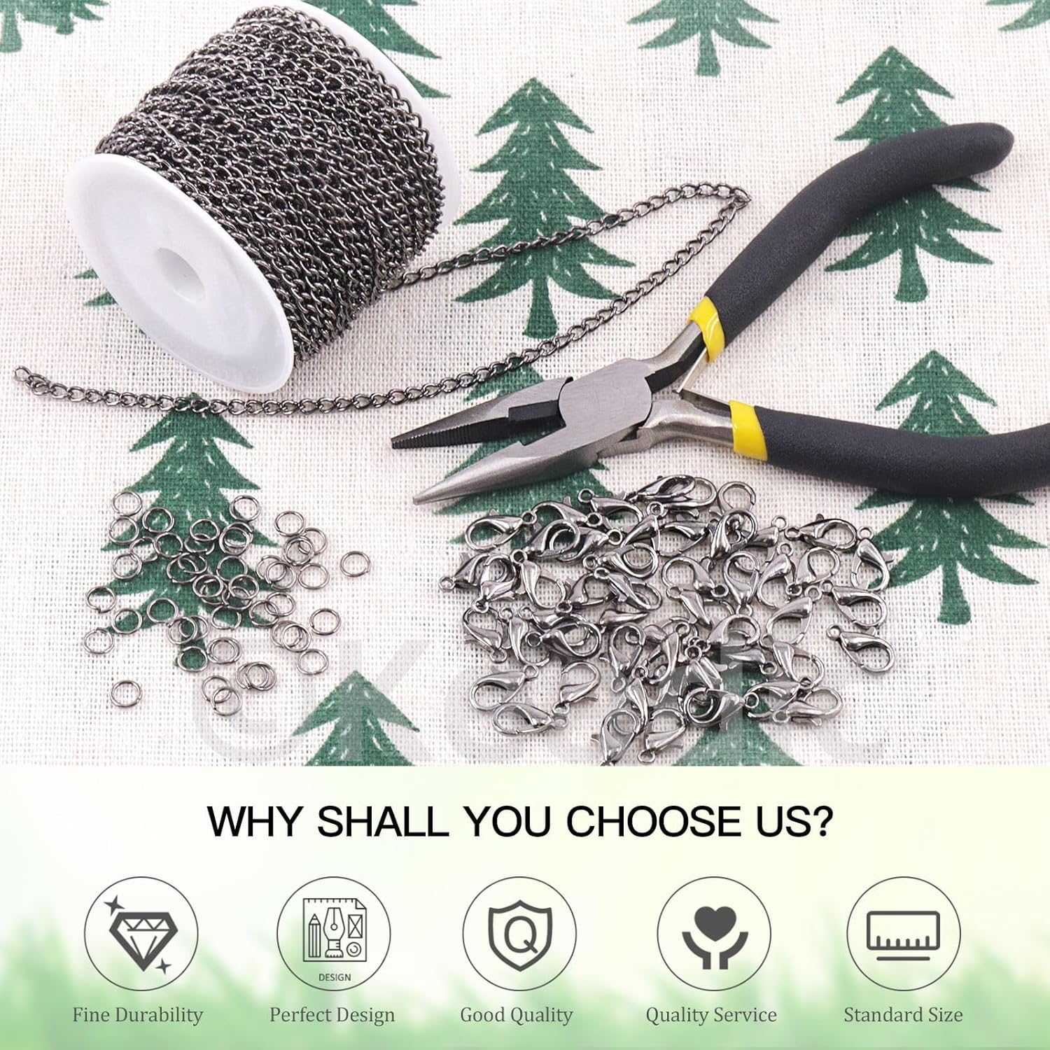 Keadic 102Pcs 30 Feet Jewelry Making Chains Kit W 3Mm Metal Necklace Twisted Links Chain, Lobster Clasps, Open Jump Rings and Jewelry Pliers for Bracelet Earring Anklet DIY (Gun-Metal) - Copper image number 5