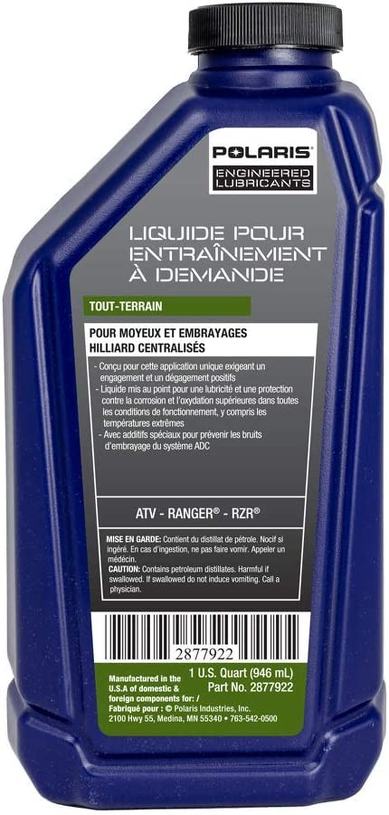 Polaris All-Season Demand Drive Fluid for Front Gearcase and Centralized Clutch, Fits All Ranger, General, ATV, ACE Models, Fits Specific RZR Models, All-Terrain Formula, 1 Quart - Part 2877922 image number 2