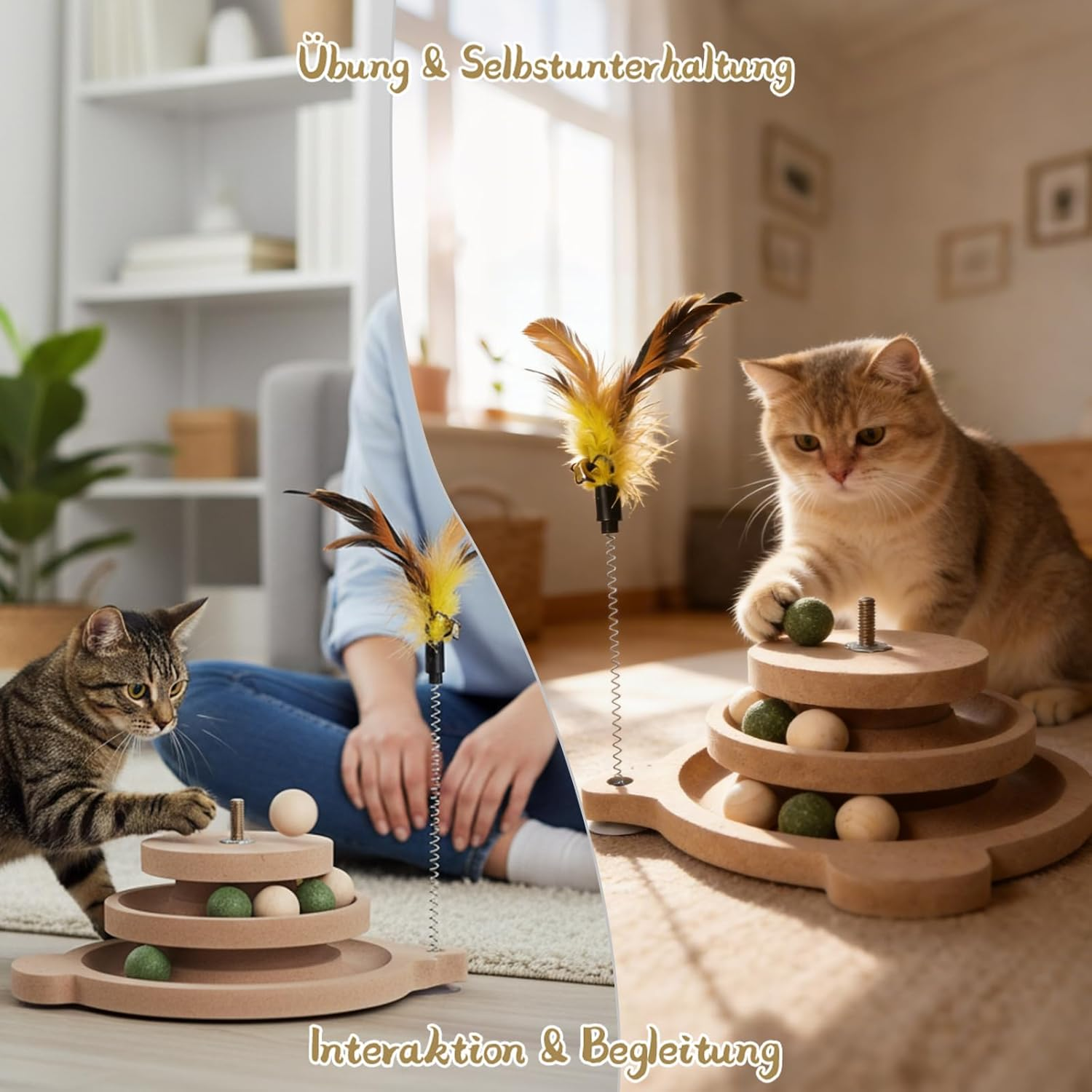 Vefhby 2 in 1 Cat Toy Self-Employment, Feather Toy with Cat Balls, Interactive Cat Toy with Spring, Cat Toy Intelligence Solid Wood